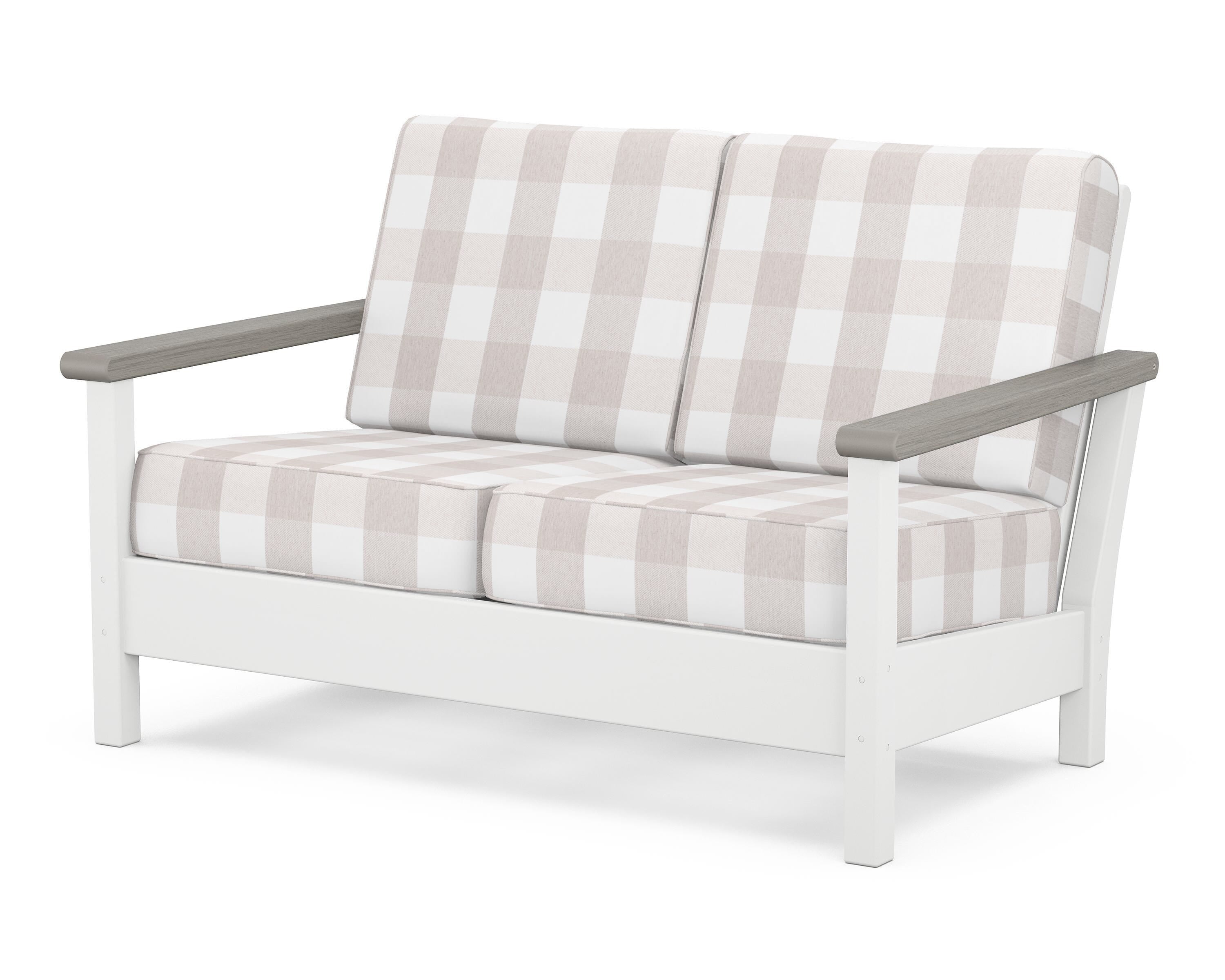 POLYWOOD® Harbour Deep Seating Loveseat in White / Driftwood / Buffalo Plaid Dune Burlap