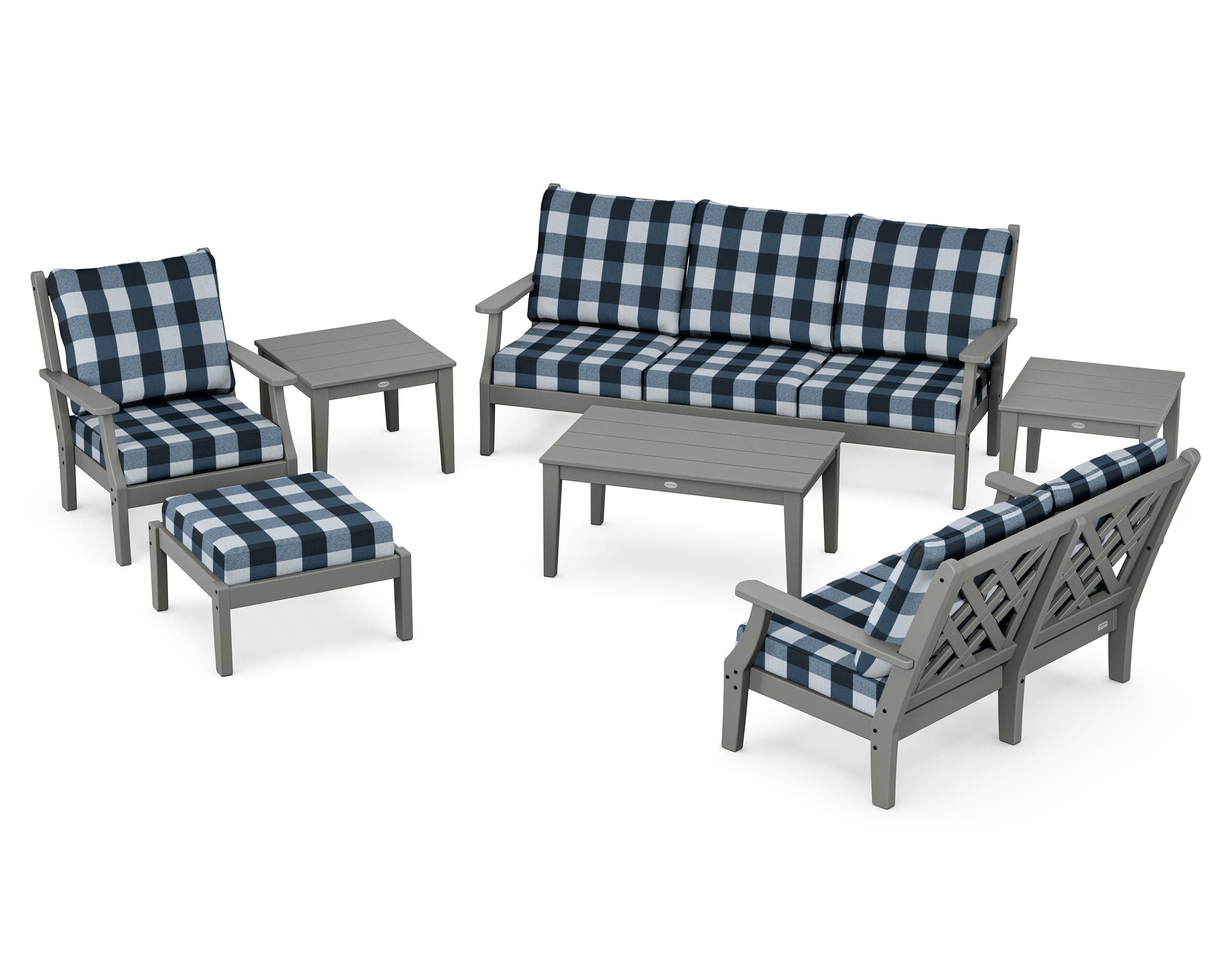 Country Living Wovendale 7-Piece Deep Seating Set in Slate Grey / Buffalo Plaid Marine Indigo