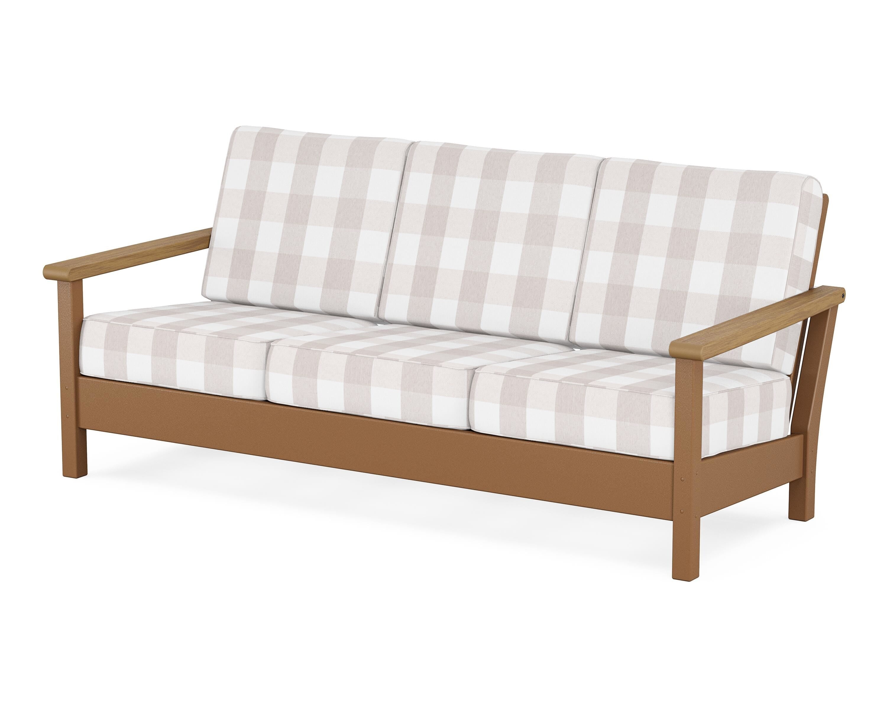 POLYWOOD® Harbour Deep Seating Sofa in Teak / Natural / Buffalo Plaid Dune Burlap