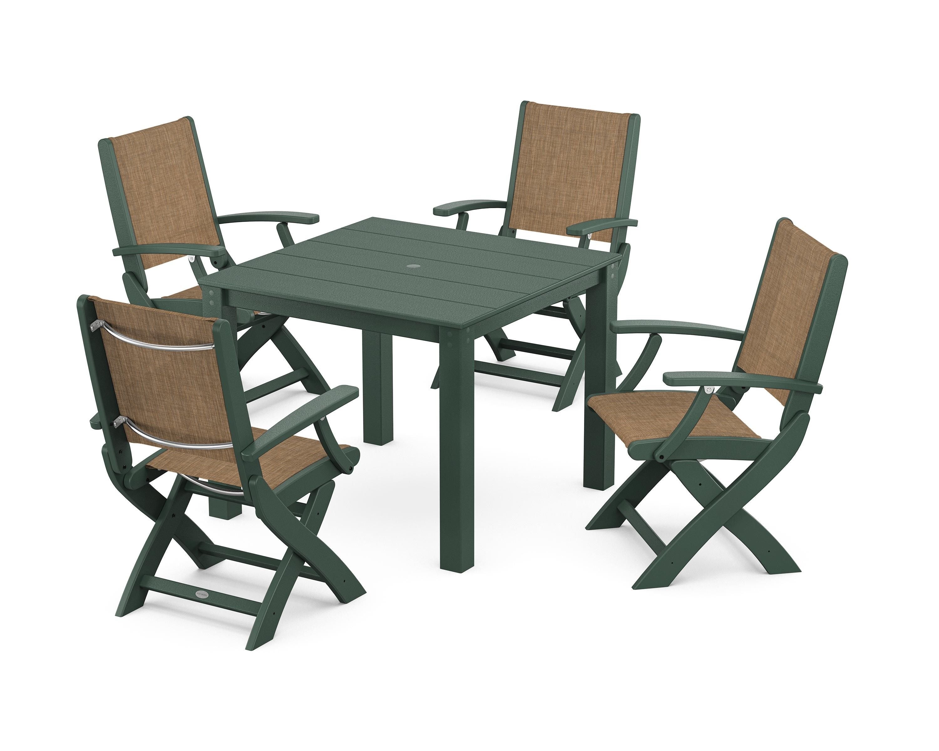 POLYWOOD® Coastal Folding Chair 5-Piece Parsons Dining Set in Green / Burlap Sling