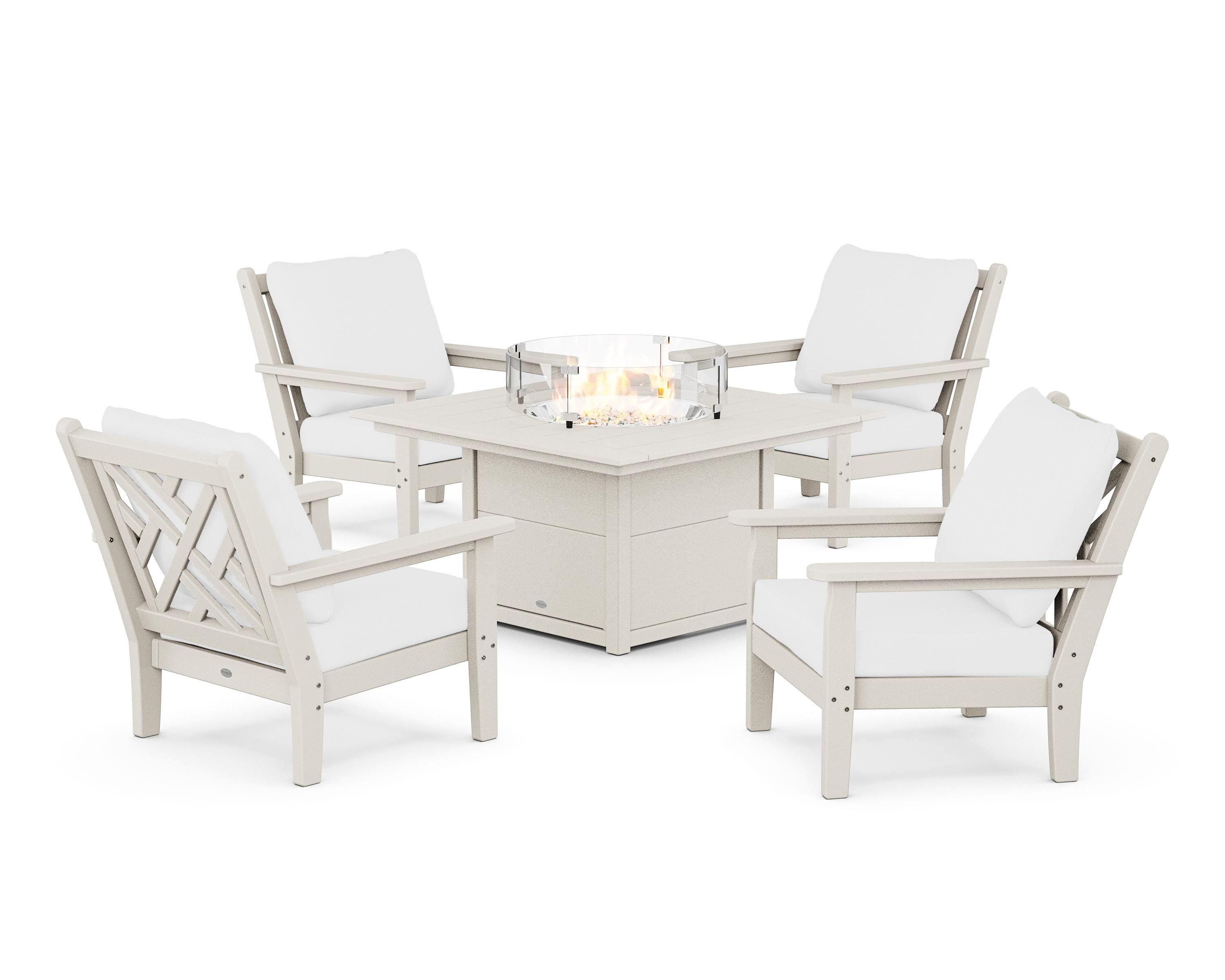 POLYWOOD® Chippendale 5-Piece Deep Seating Set with Fire Pit Table in Sand / Natural