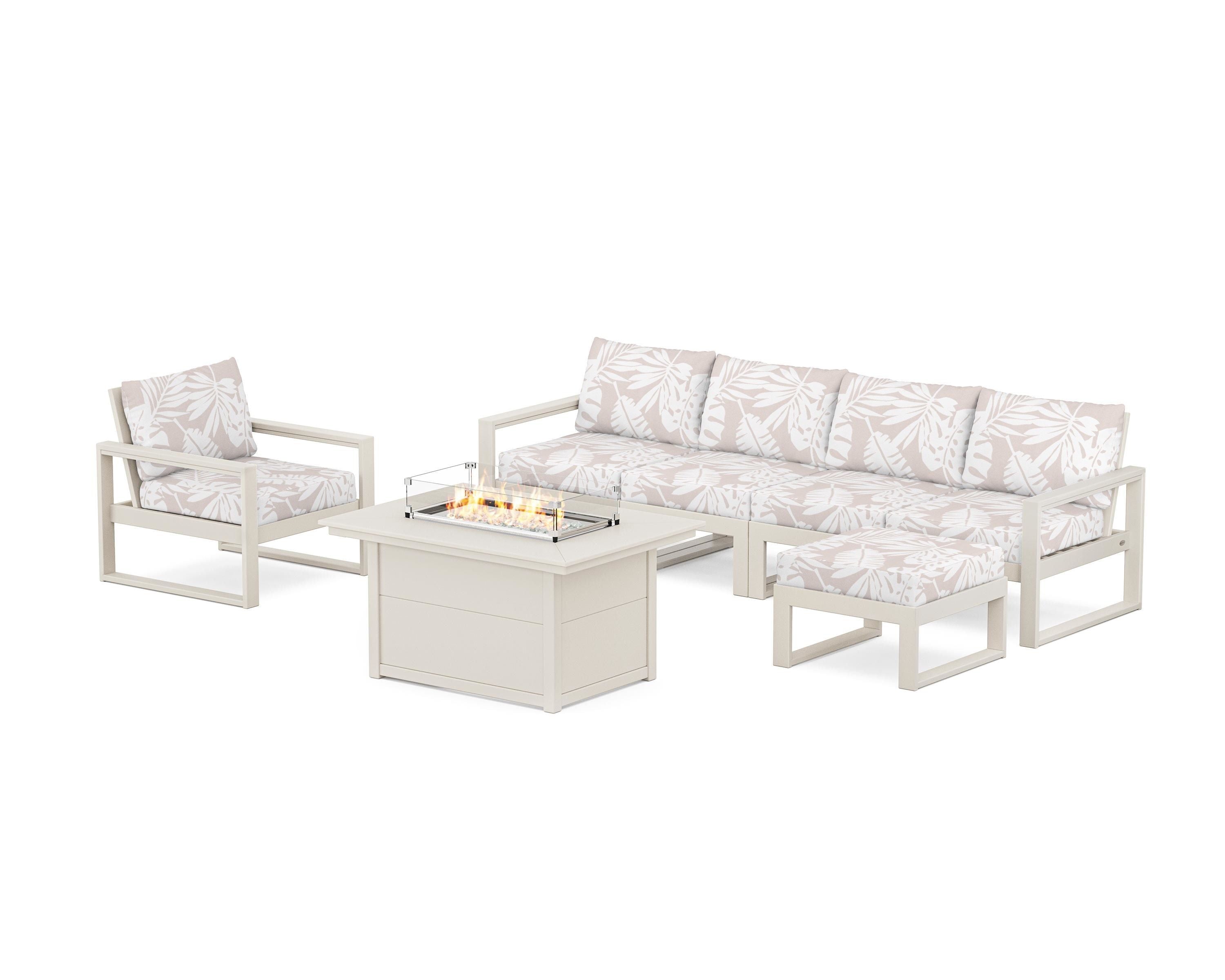 POLYWOOD® EDGE Sectional Lounge and Fire Pit Set in Sand / Leaf Dune Burlap