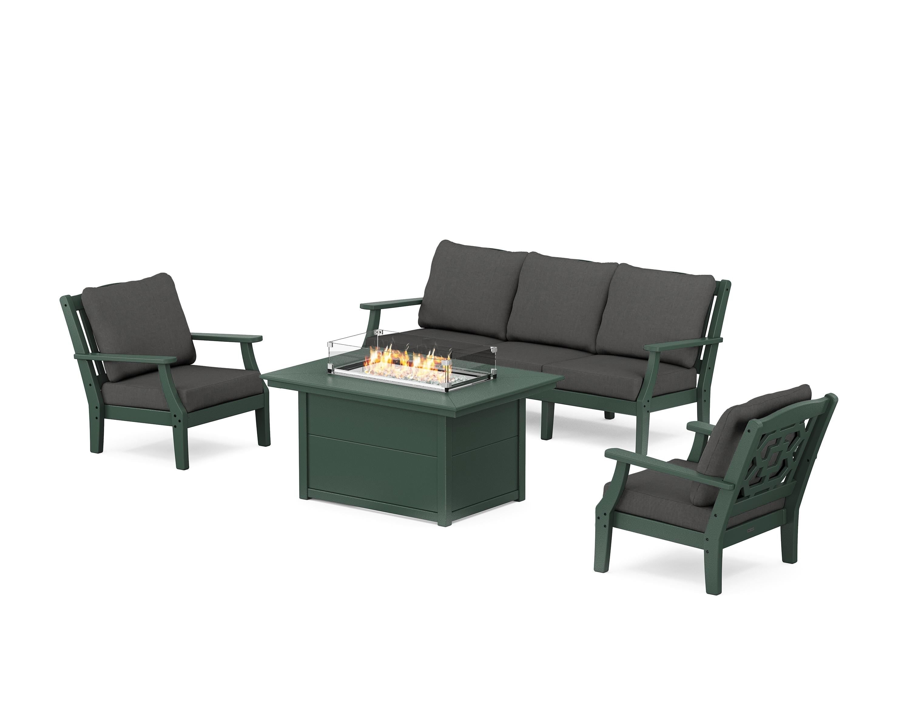 Martha Stewart by POLYWOOD® Chinoiserie Deep Seating Fire Pit Table Set in Green / Spectrum Carbon