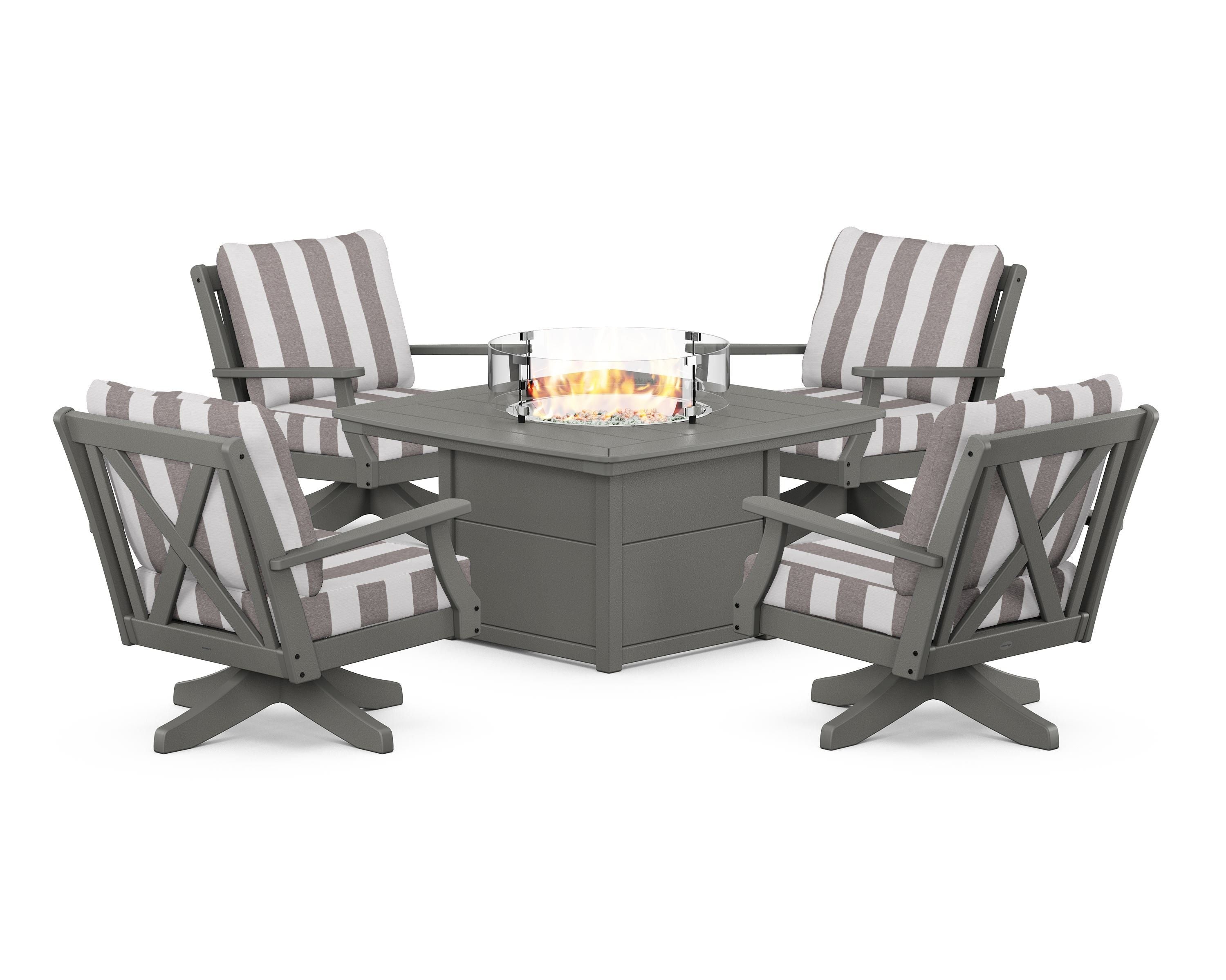 POLYWOOD® Braxton 5-Piece Deep Seating Swivel Conversation Set with Fire Pit Table in Slate Grey / Cabana Stripe Grey Mist