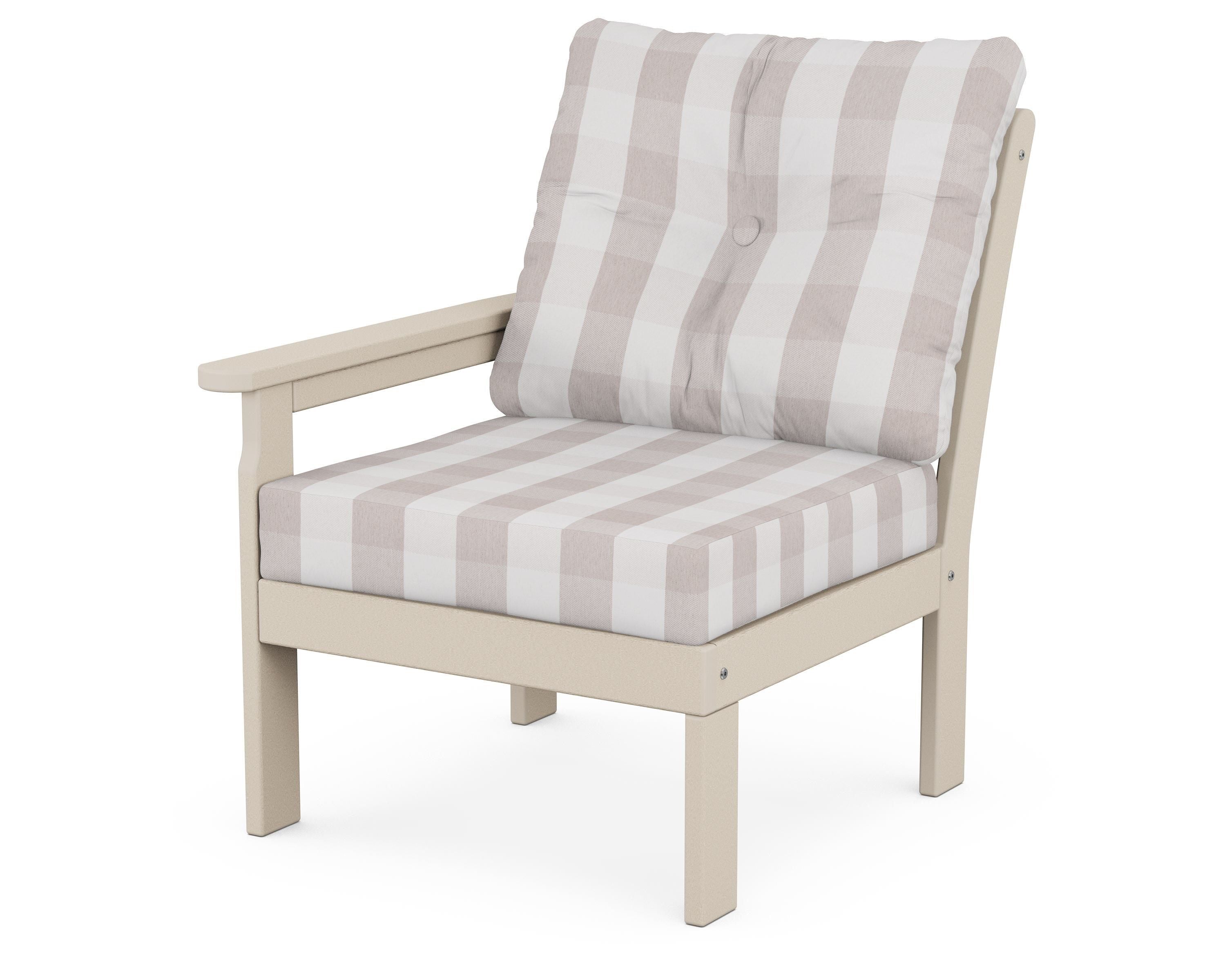 POLYWOOD® Vineyard Modular Left Arm Chair in Sand / Buffalo Plaid Dune Burlap