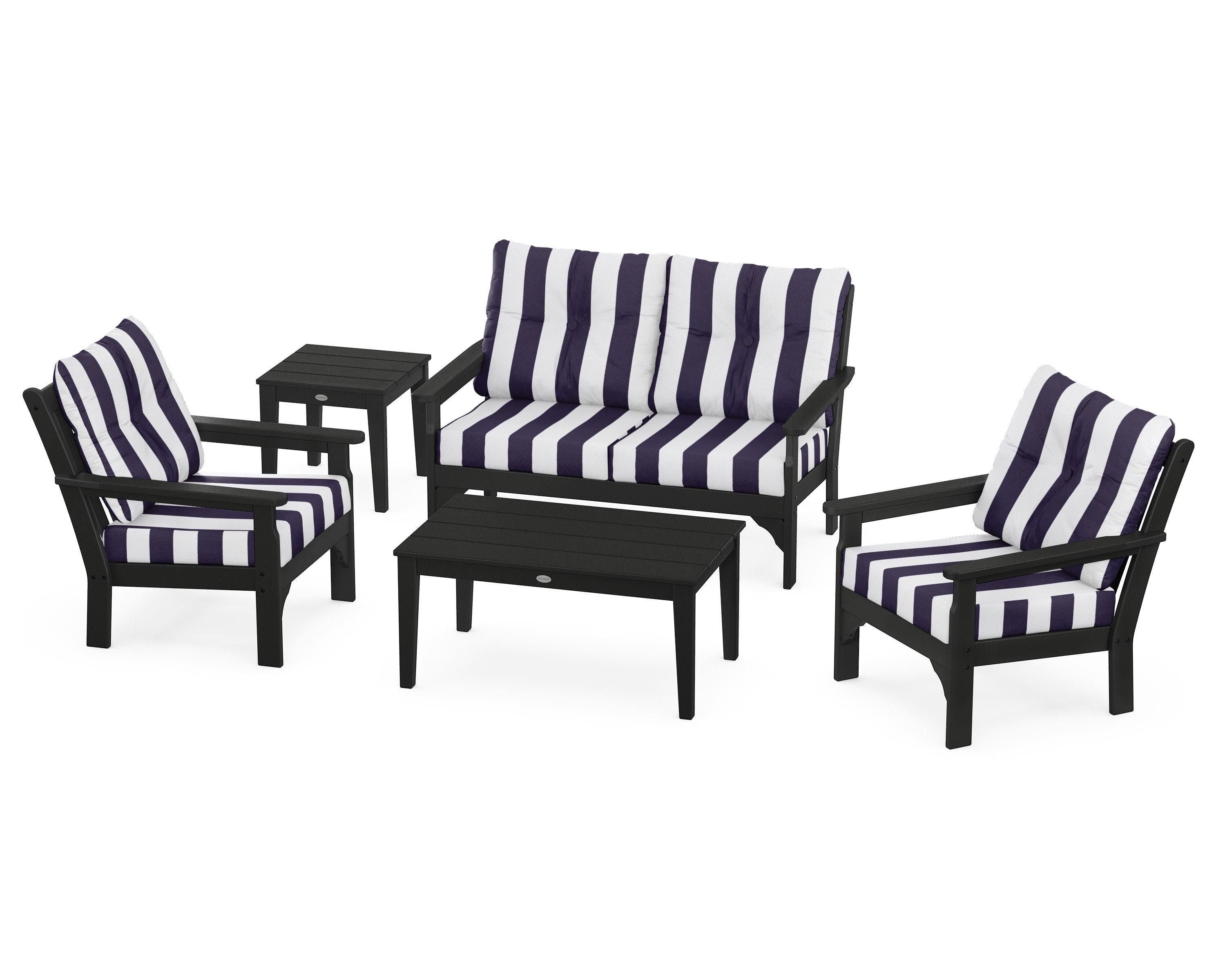 POLYWOOD® Vineyard 5-Piece Deep Seating Set in Black / Cabana Stripe Navy