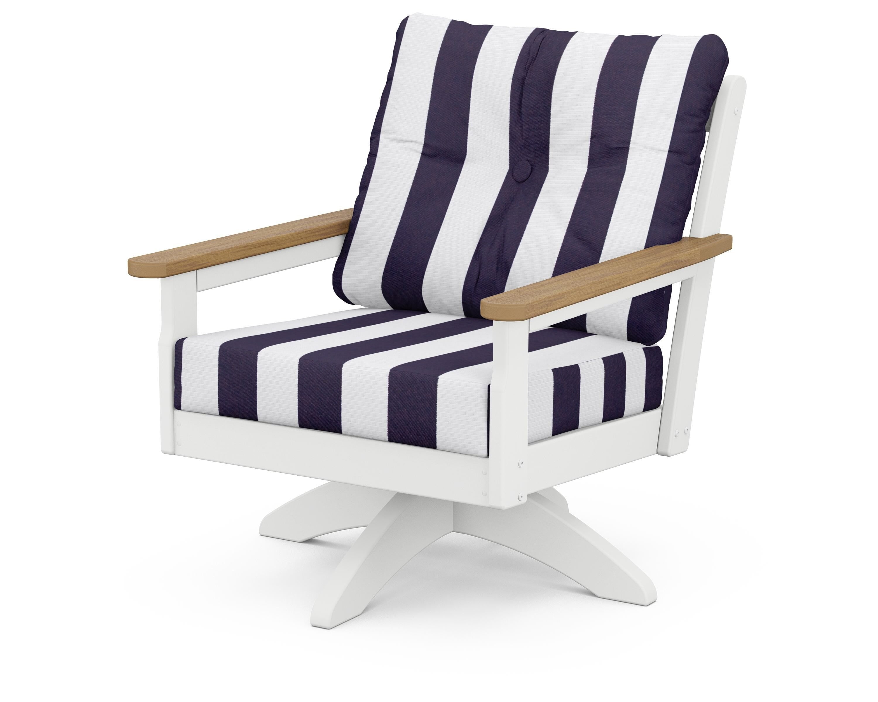POLYWOOD® Vineyard Deep Seating Swivel Chair in White / Natural / Cabana Stripe Navy
