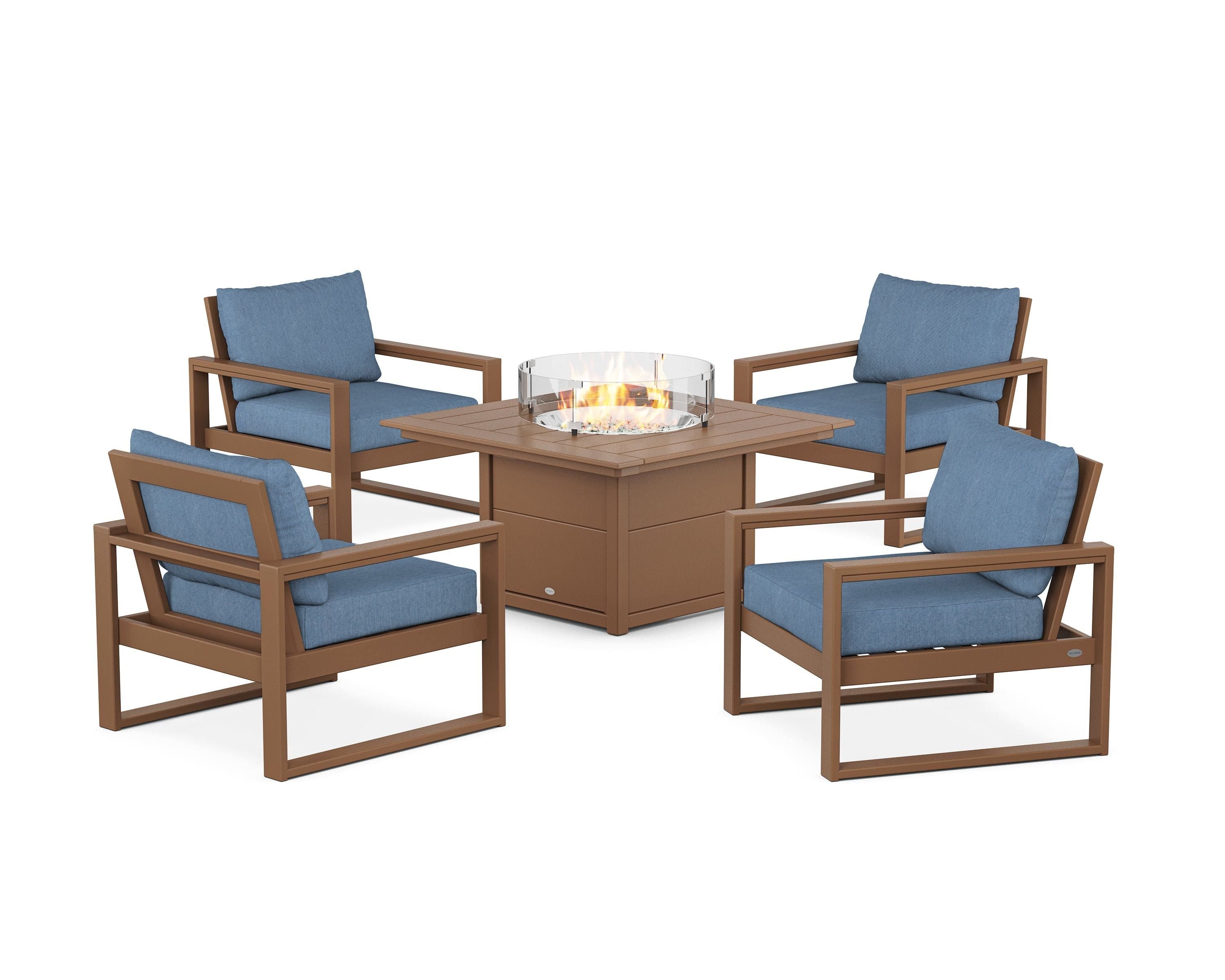 POLYWOOD® EDGE Sectional 5-Piece Deep Seating Set with Fire Pit Table in Teak / Sky Blue