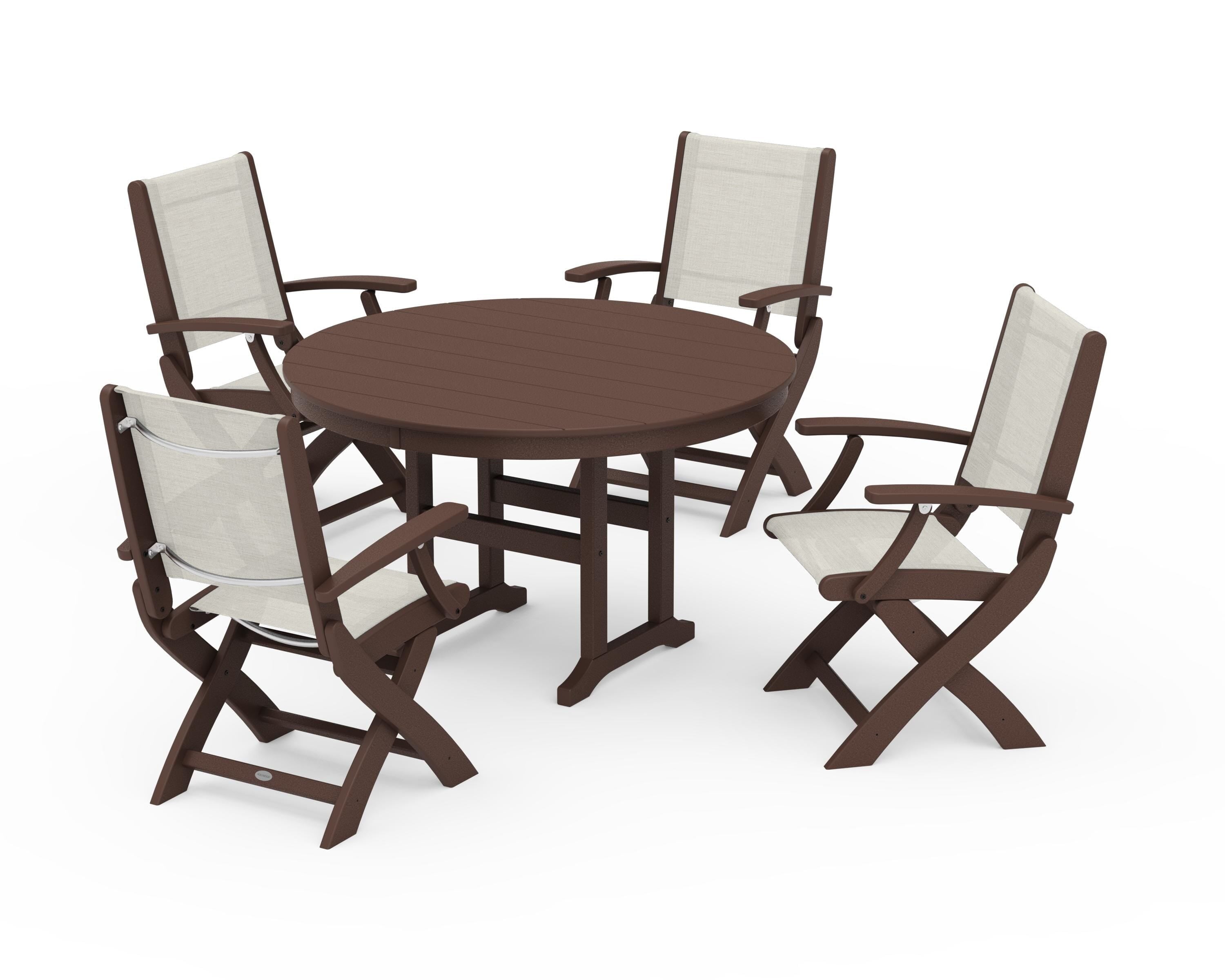 POLYWOOD® Coastal Folding Chair 5-Piece Round Dining Set in Mahogany / Parchment Sling
