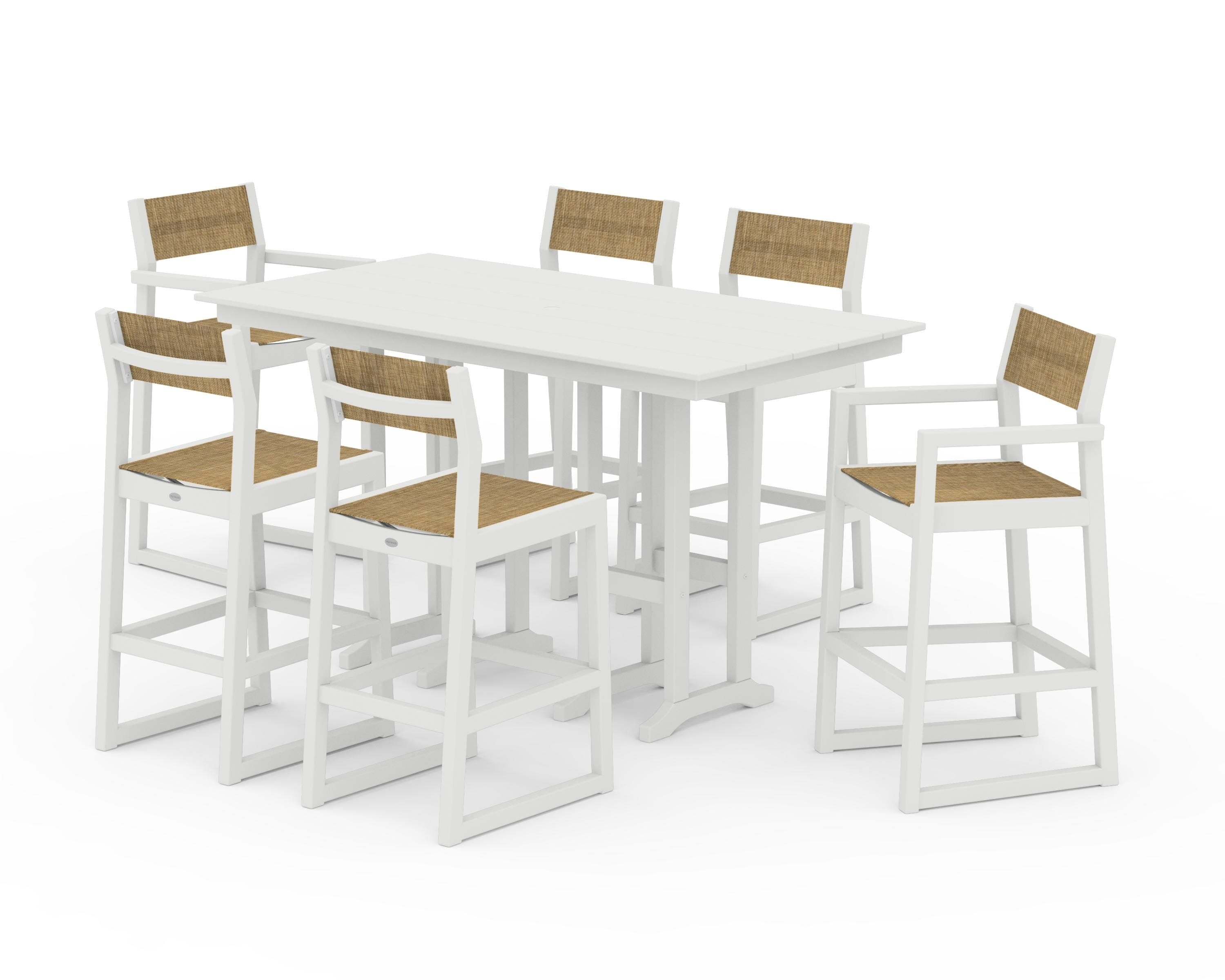 POLYWOOD® EDGE Sling 7-Piece Farmhouse Bar Set in White / Burlap Sling