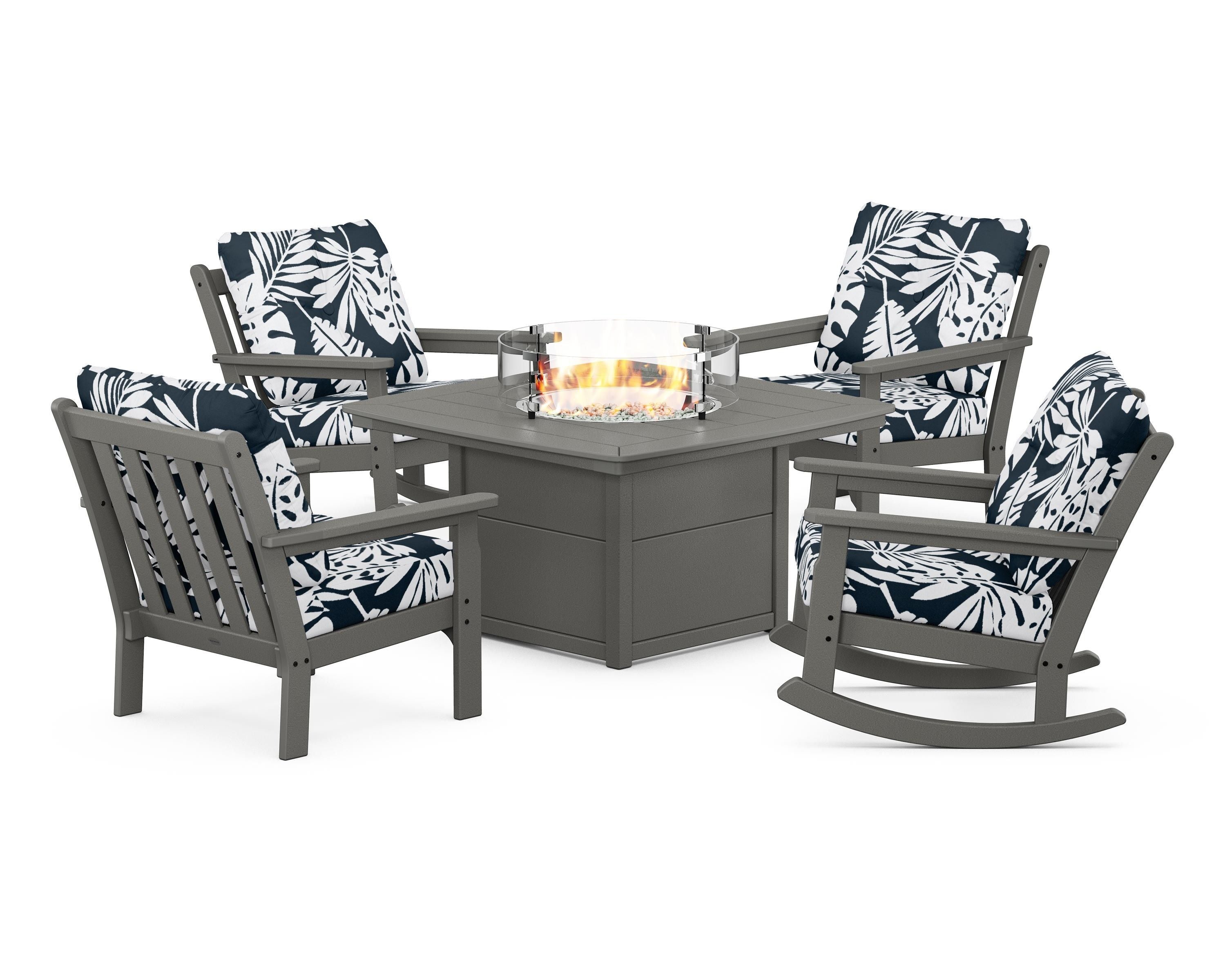 POLYWOOD® Vineyard 5-Piece Deep Seating Rocking Chair Conversation Set with Fire Pit Table in Slate Grey / Leaf Marine Indigo