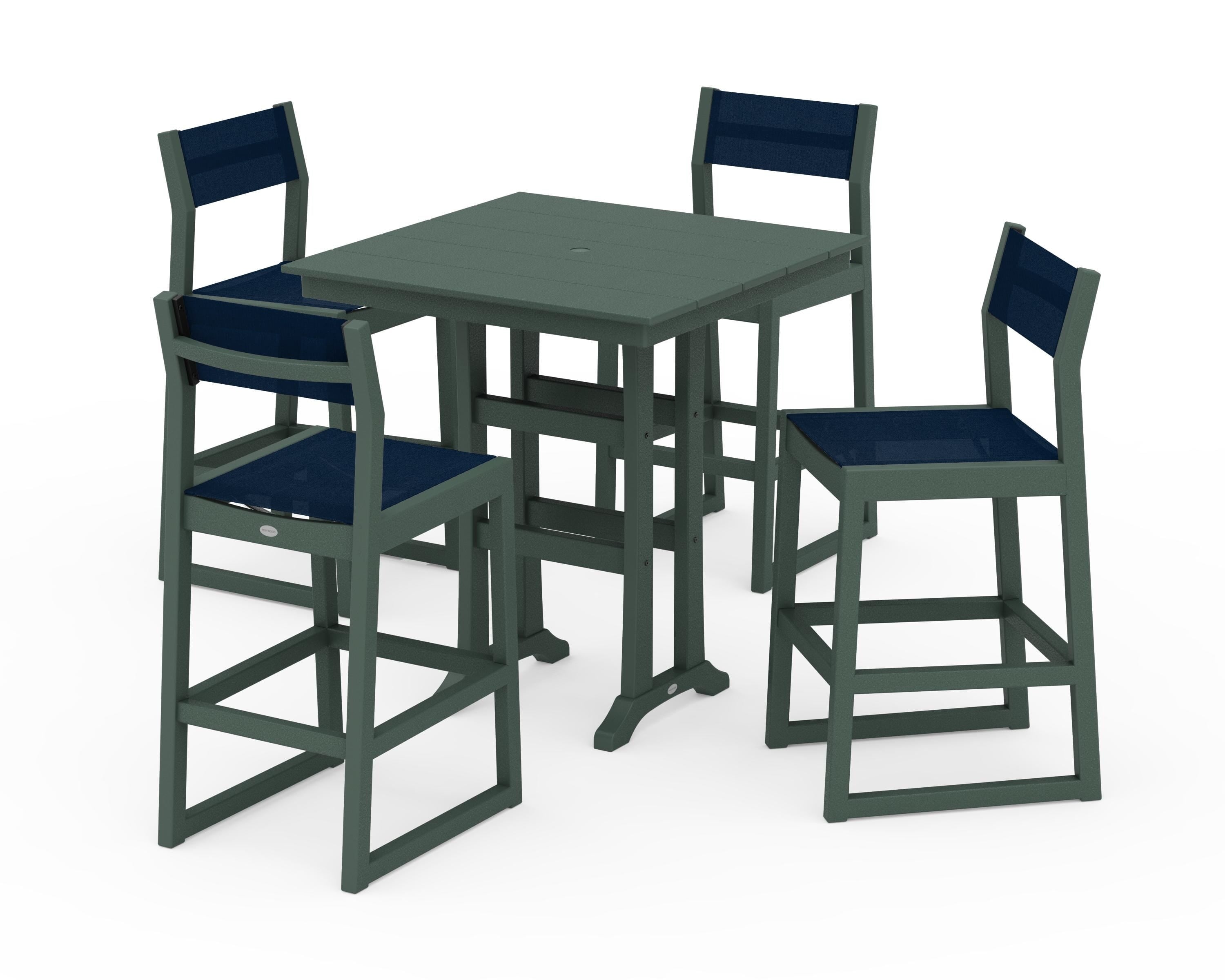 POLYWOOD® EDGE Sling Arm Chair 5-Piece Farmhouse Bar Set with Trestle Legs in Green / Navy Blue Sling