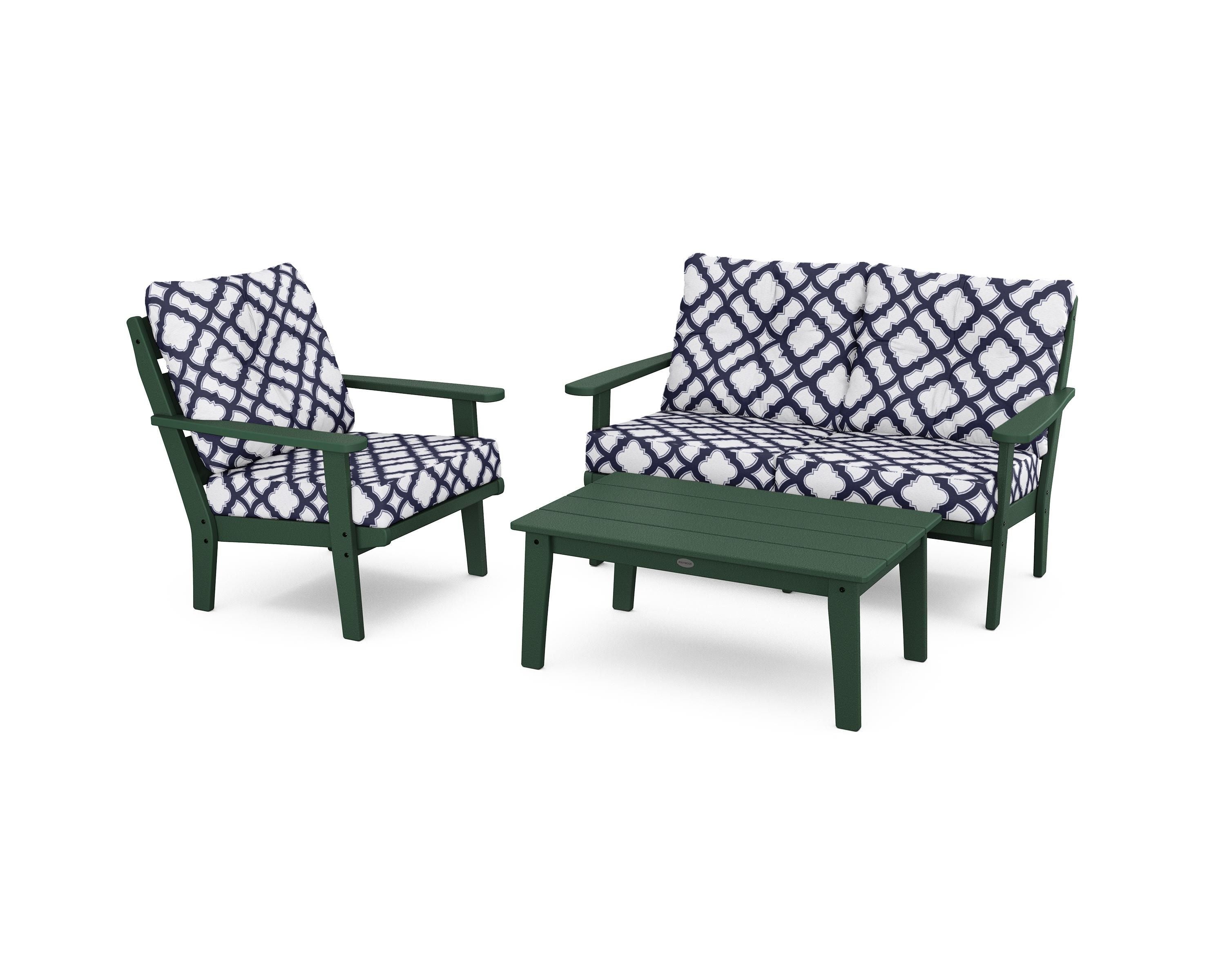 POLYWOOD® Lakeside 3-Piece Deep Seating Set in Green / Trellis Navy