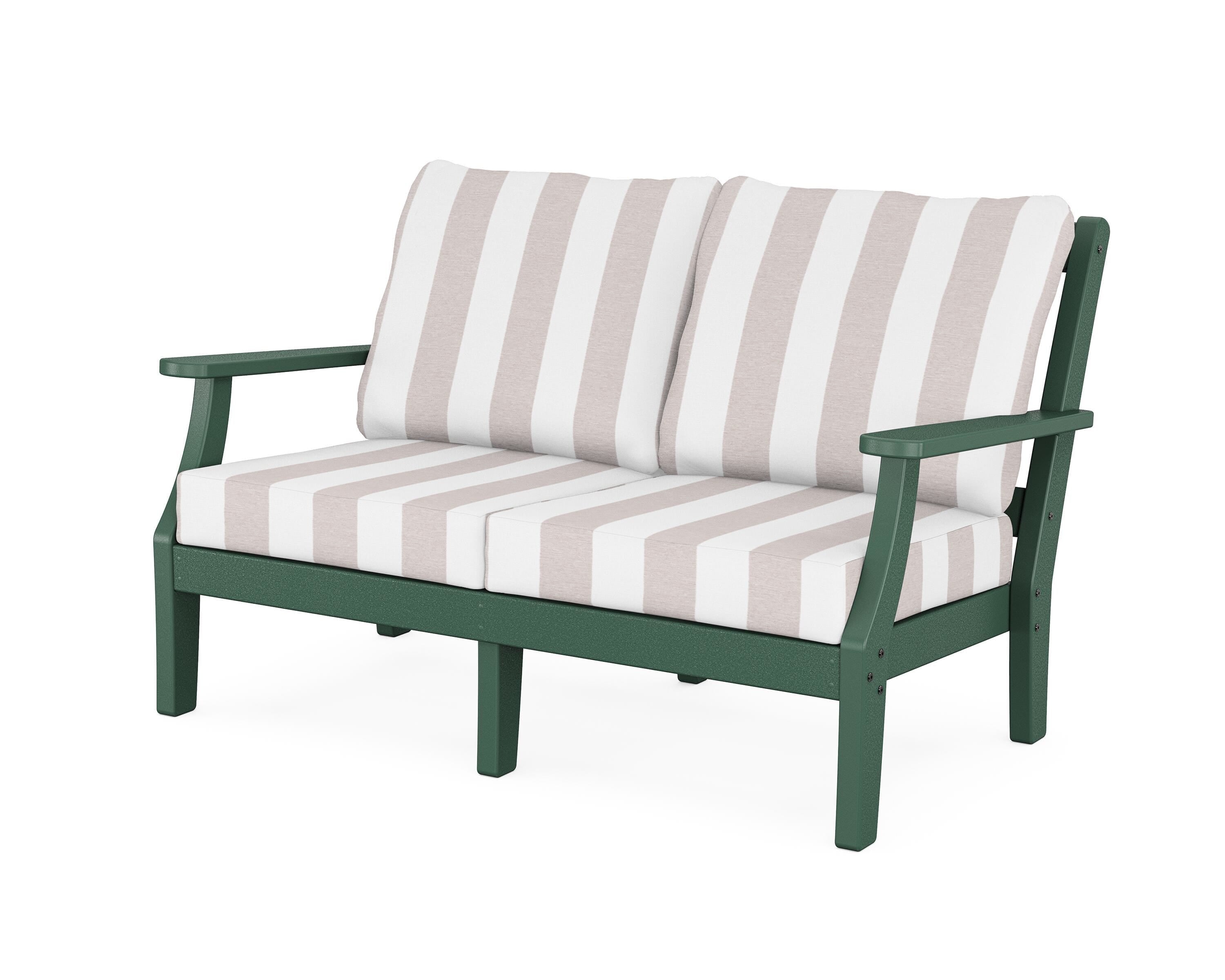Martha Stewart by POLYWOOD® Chinoiserie Deep Seating Loveseat in Green / Cabana Stripe Dune Burlap
