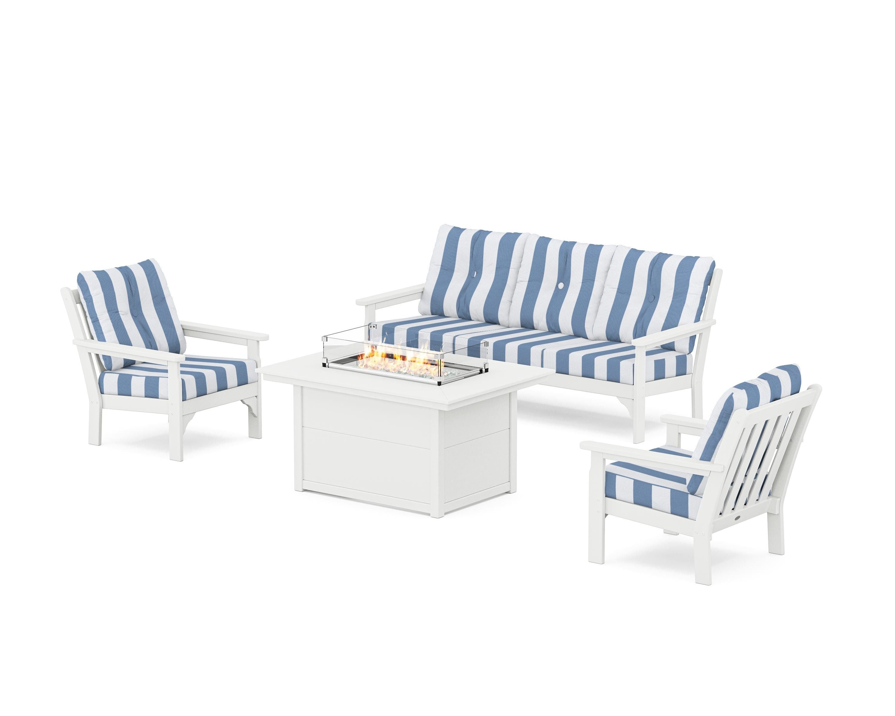 POLYWOOD® Vineyard Deep Seating Fire Pit Table Set in White / Cabana Stripe Sky Blue