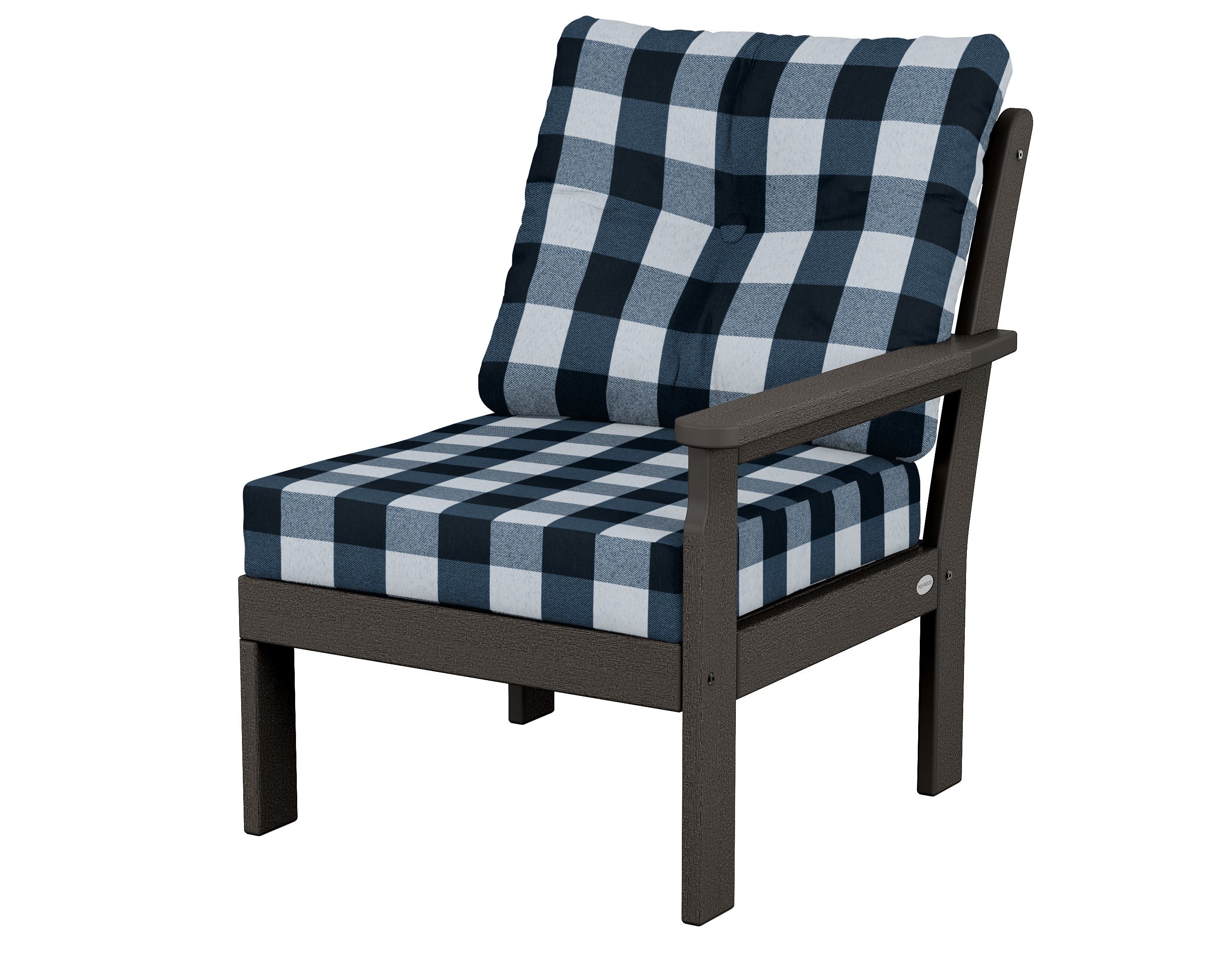 POLYWOOD® Vineyard Modular Right Arm Chair in Vintage Coffee / Buffalo Plaid Marine Indigo