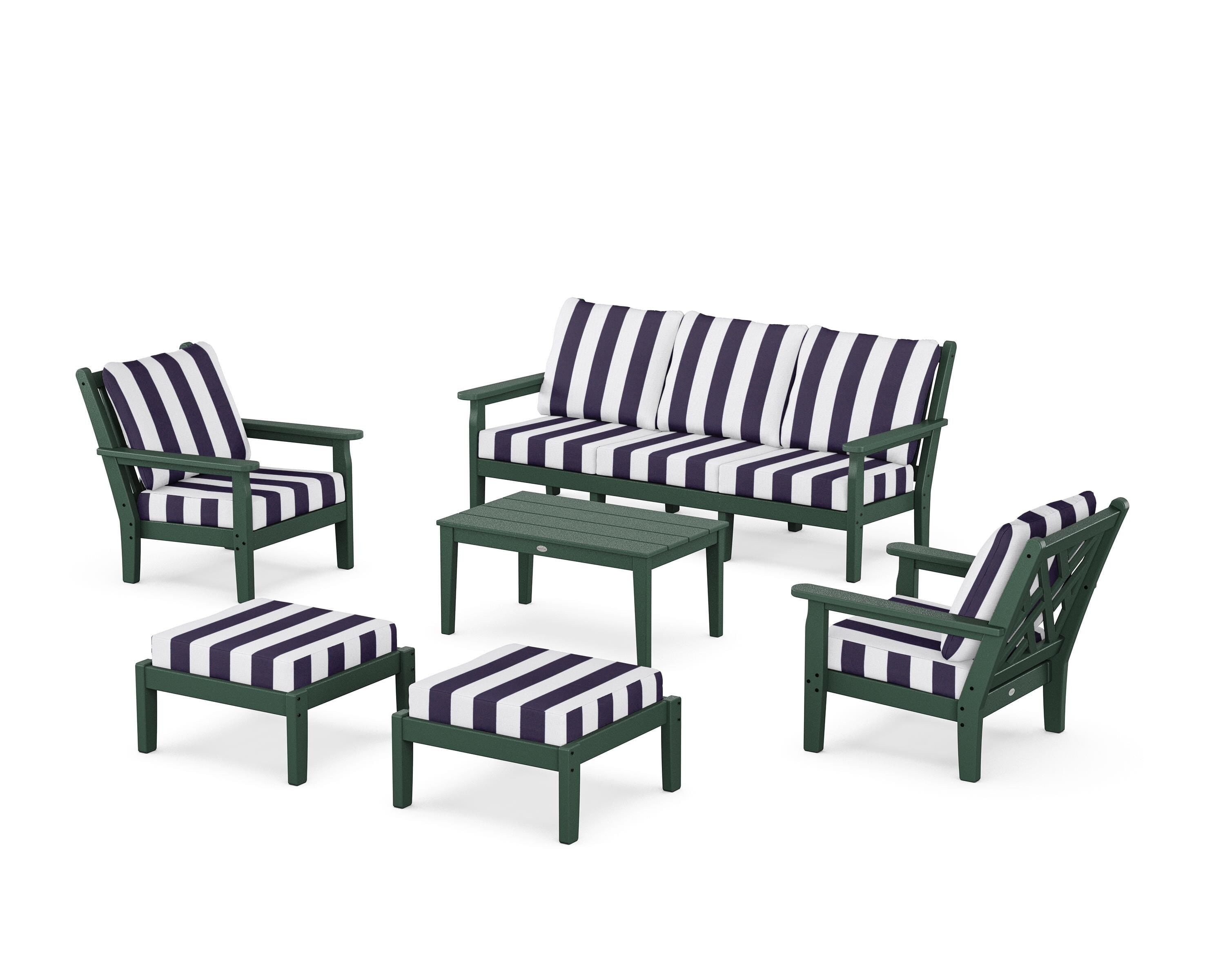 POLYWOOD® Chippendale 6-Piece Lounge Sofa Set in Green / Cabana Stripe Navy