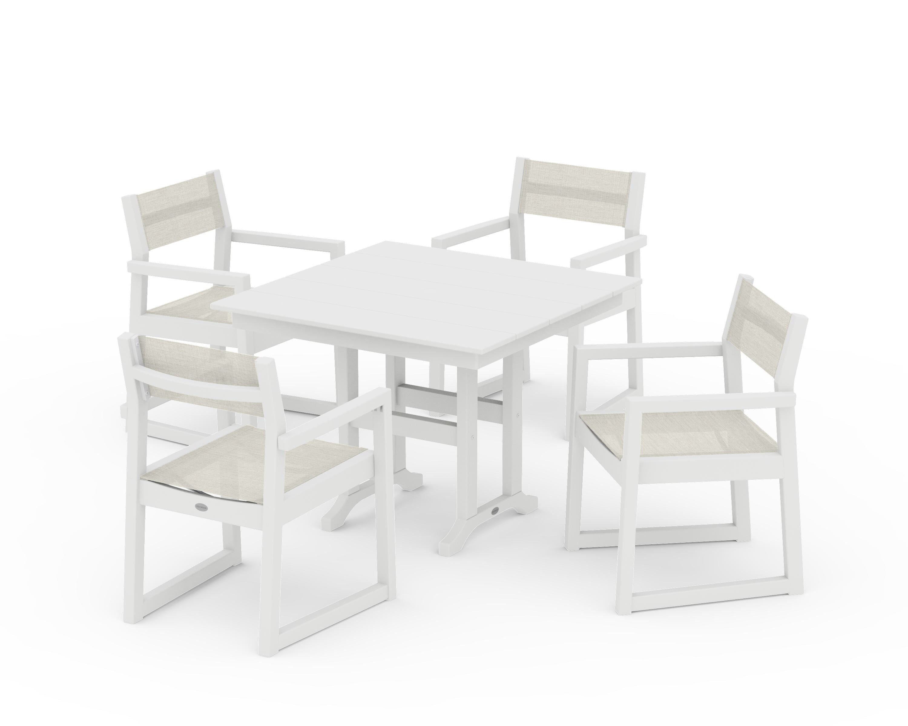 POLYWOOD® EDGE Sling Arm Chair 5-Piece Farmhouse Dining Set in White / Parchment Sling