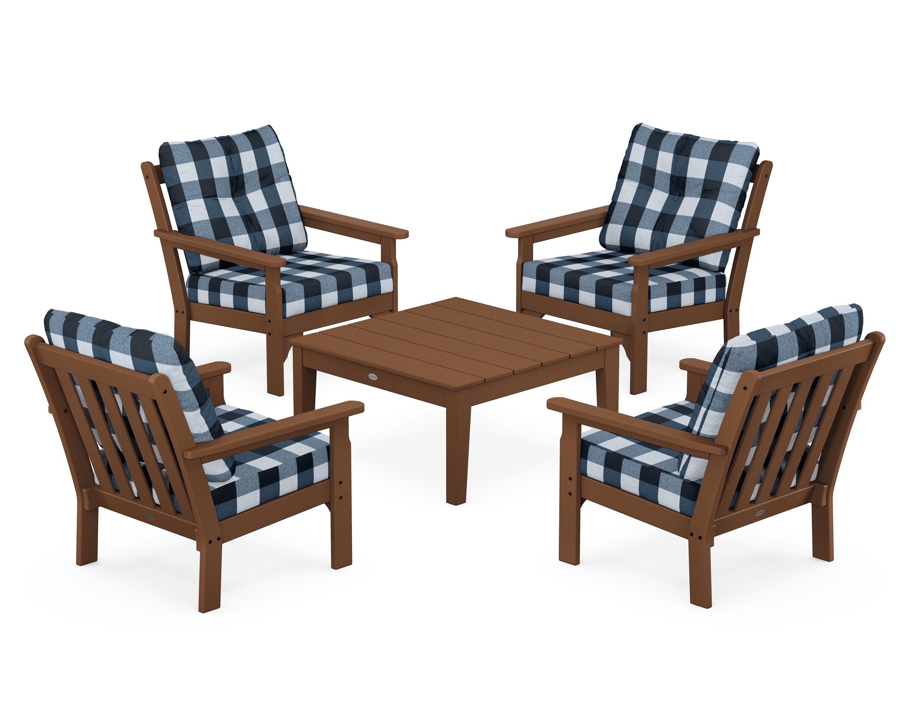 POLYWOOD® Vineyard 5-Piece Deep Seating Conversation Set in Teak / Buffalo Plaid Marine Indigo