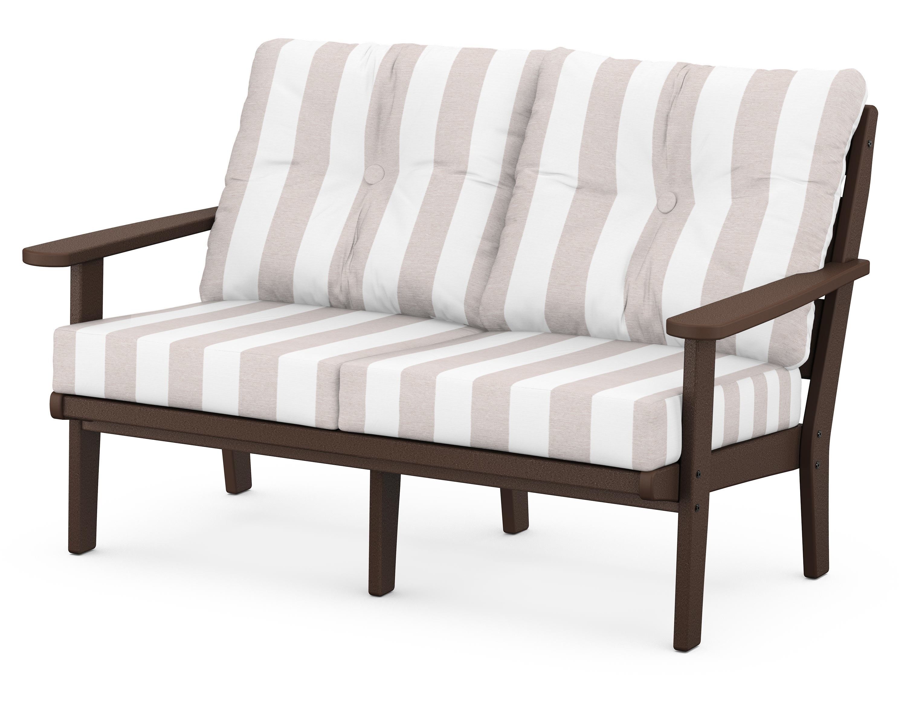 POLYWOOD® Lakeside Deep Seating Loveseat in Mahogany / Cabana Stripe Dune Burlap
