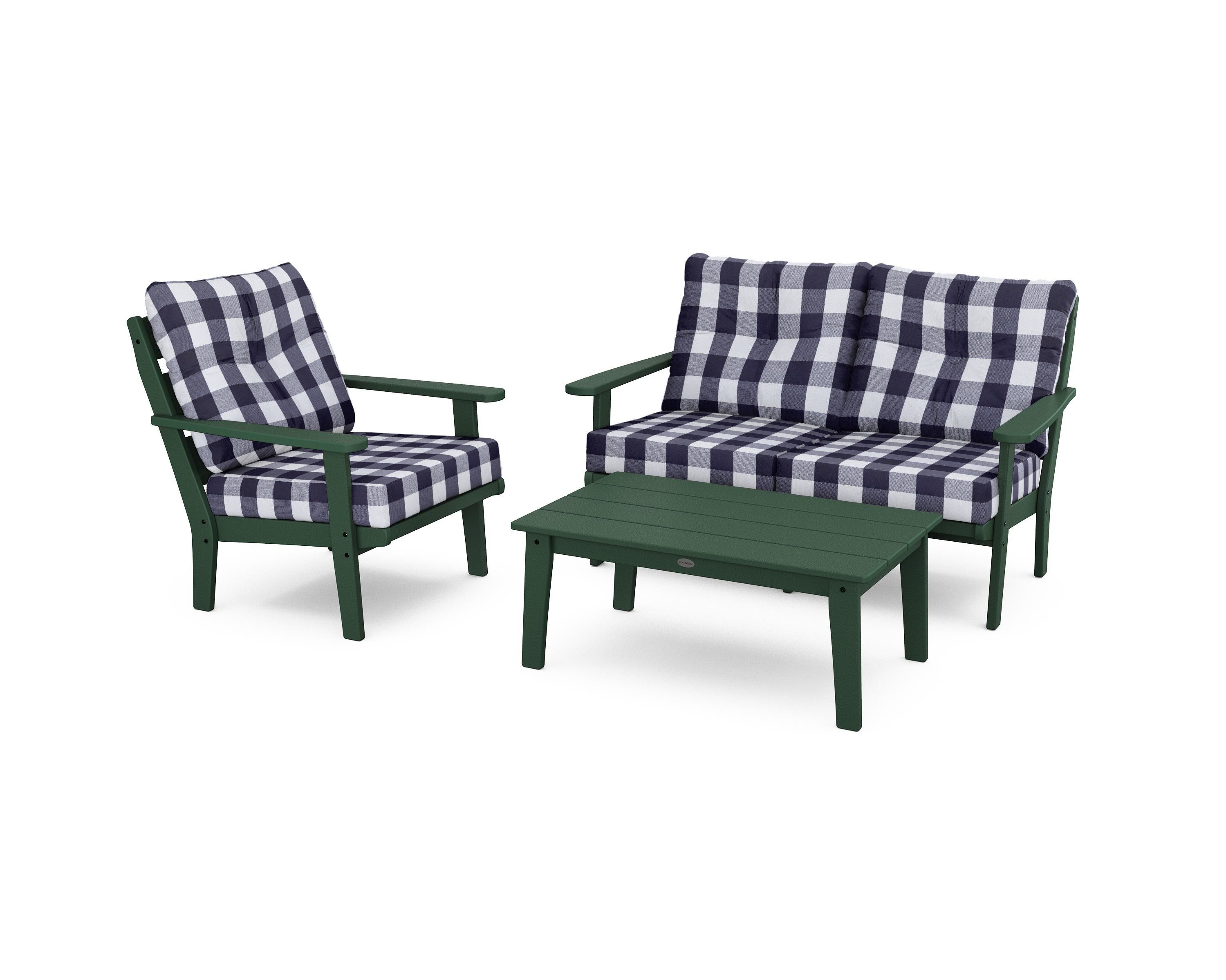 POLYWOOD® Lakeside 3-Piece Deep Seating Set in Green / Buffalo Plaid Navy