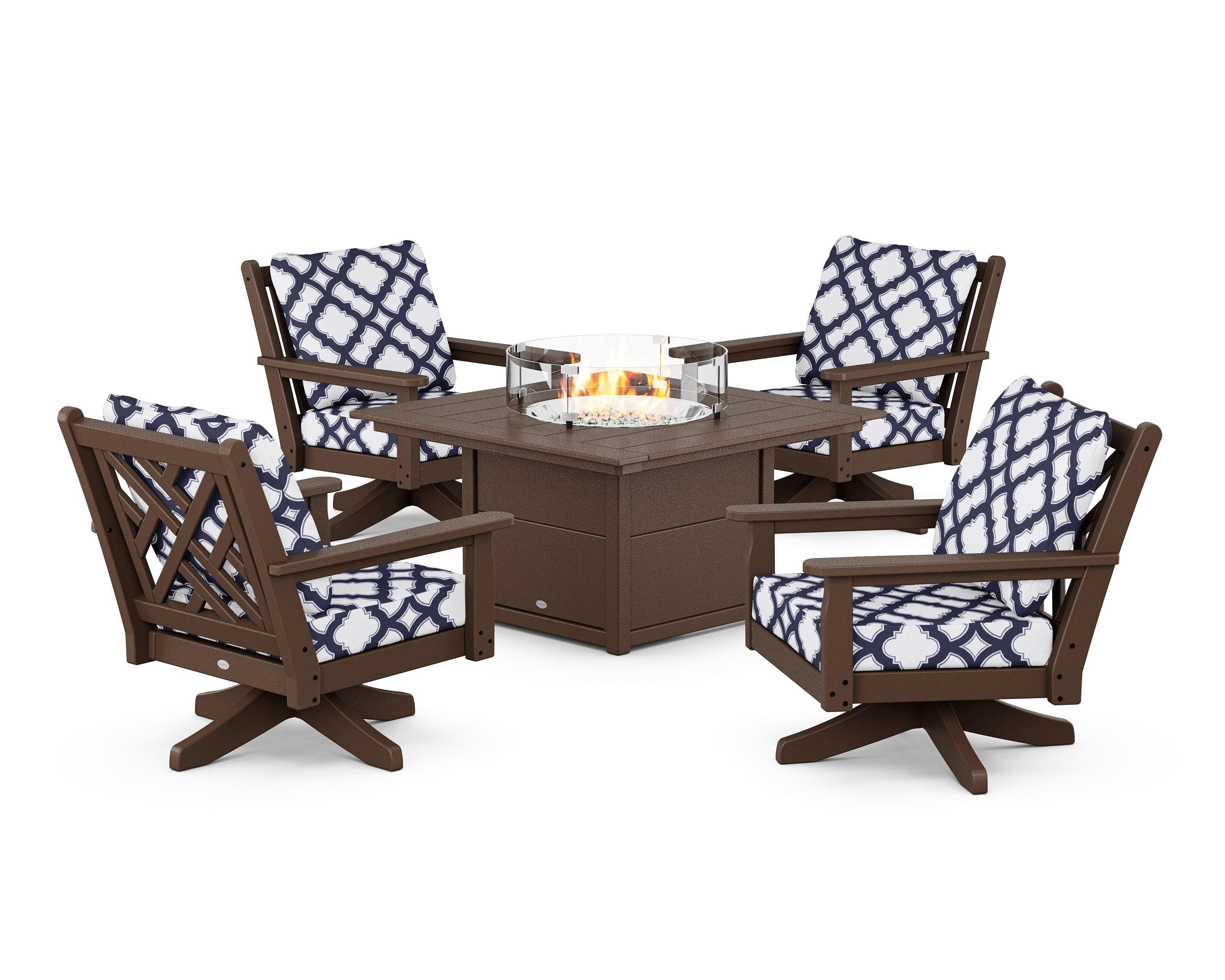 POLYWOOD® Chippendale 5-Piece Deep Seating Swivel Conversation Set with Fire Pit Table in Mahogany / Trellis Navy