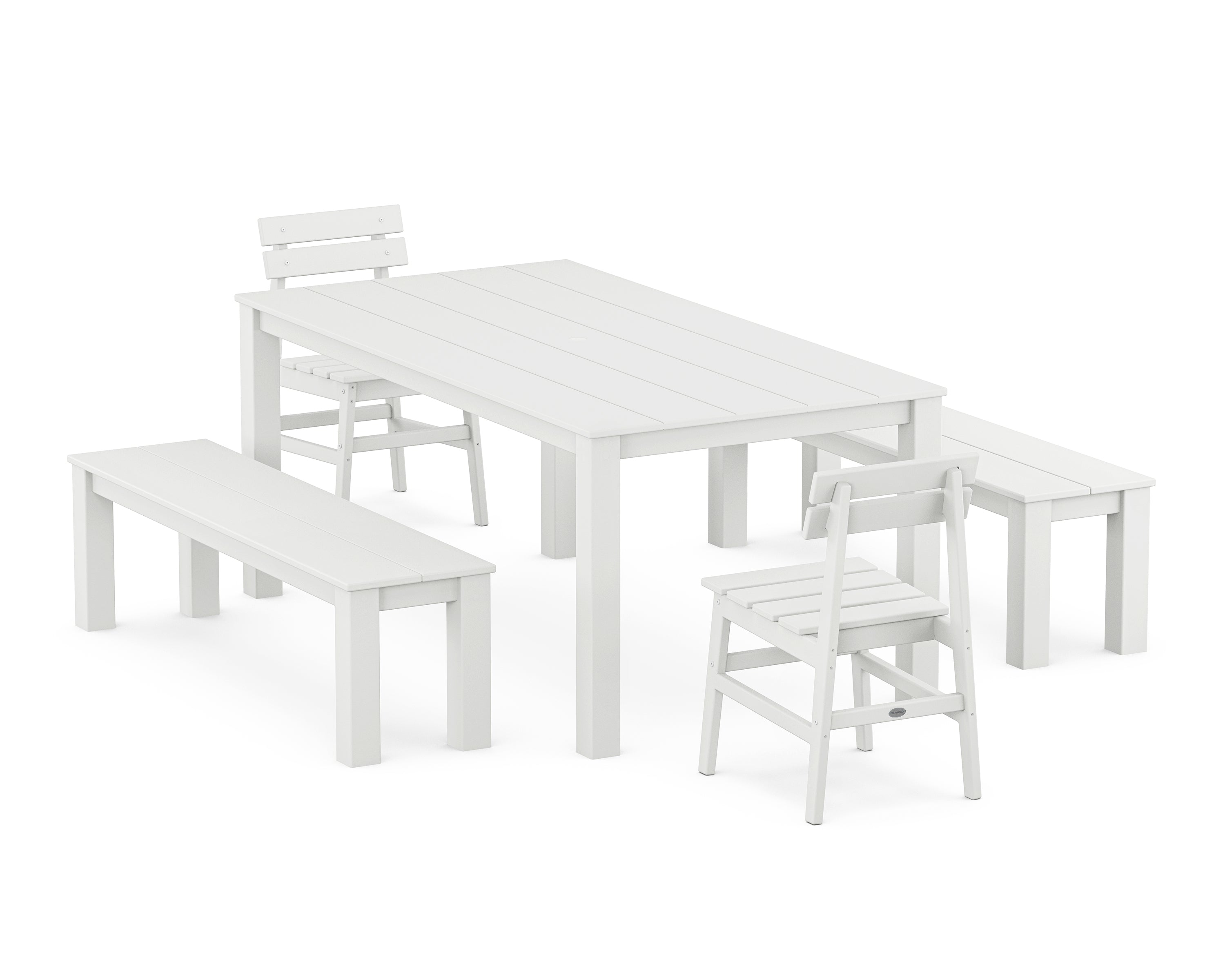 POLYWOOD® Modern Studio Plaza Chair 5-Piece Parsons Dining Set with Benches in White
