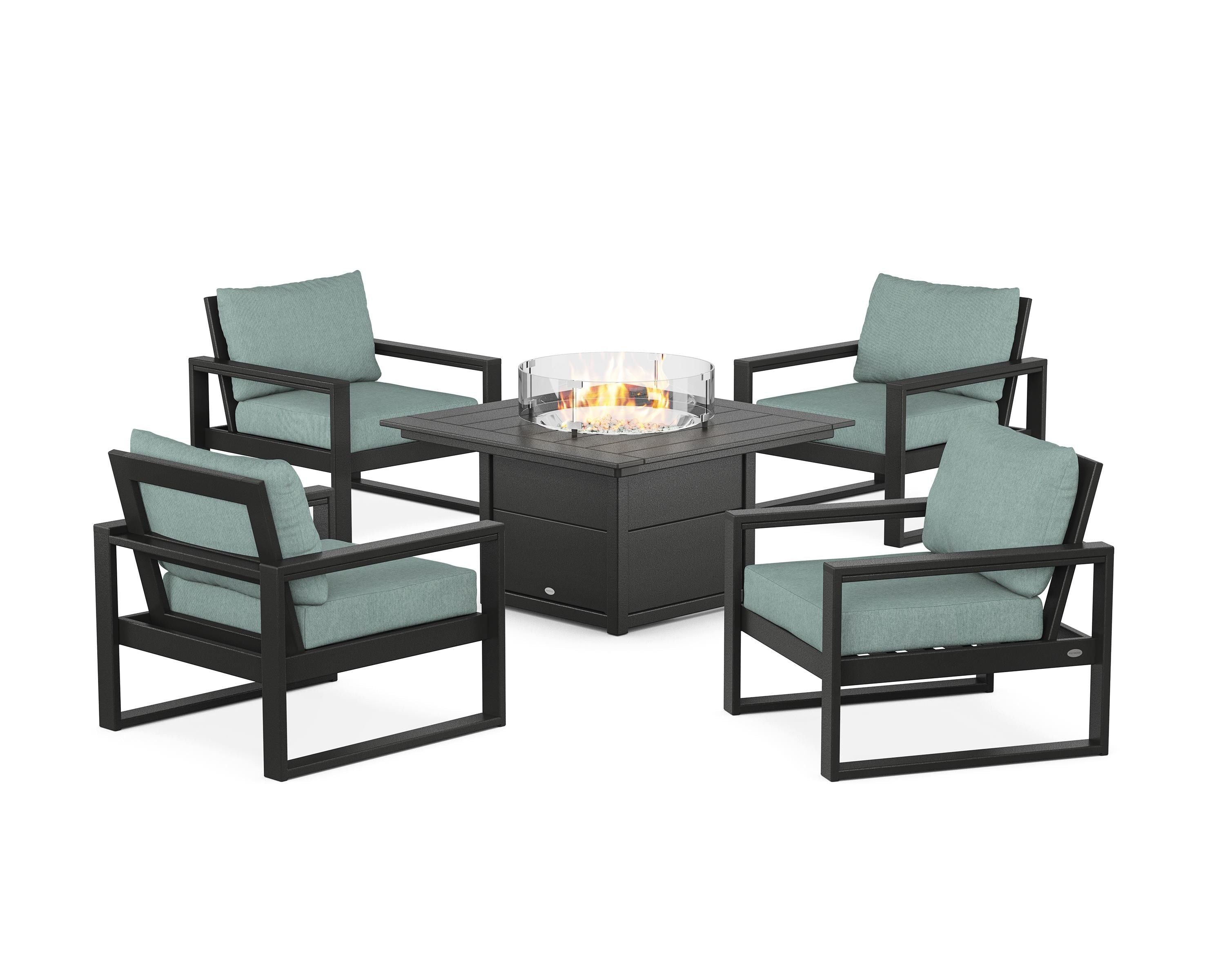 POLYWOOD® EDGE Sectional 5-Piece Deep Seating Set with Fire Pit Table in Black / Glacier Spa