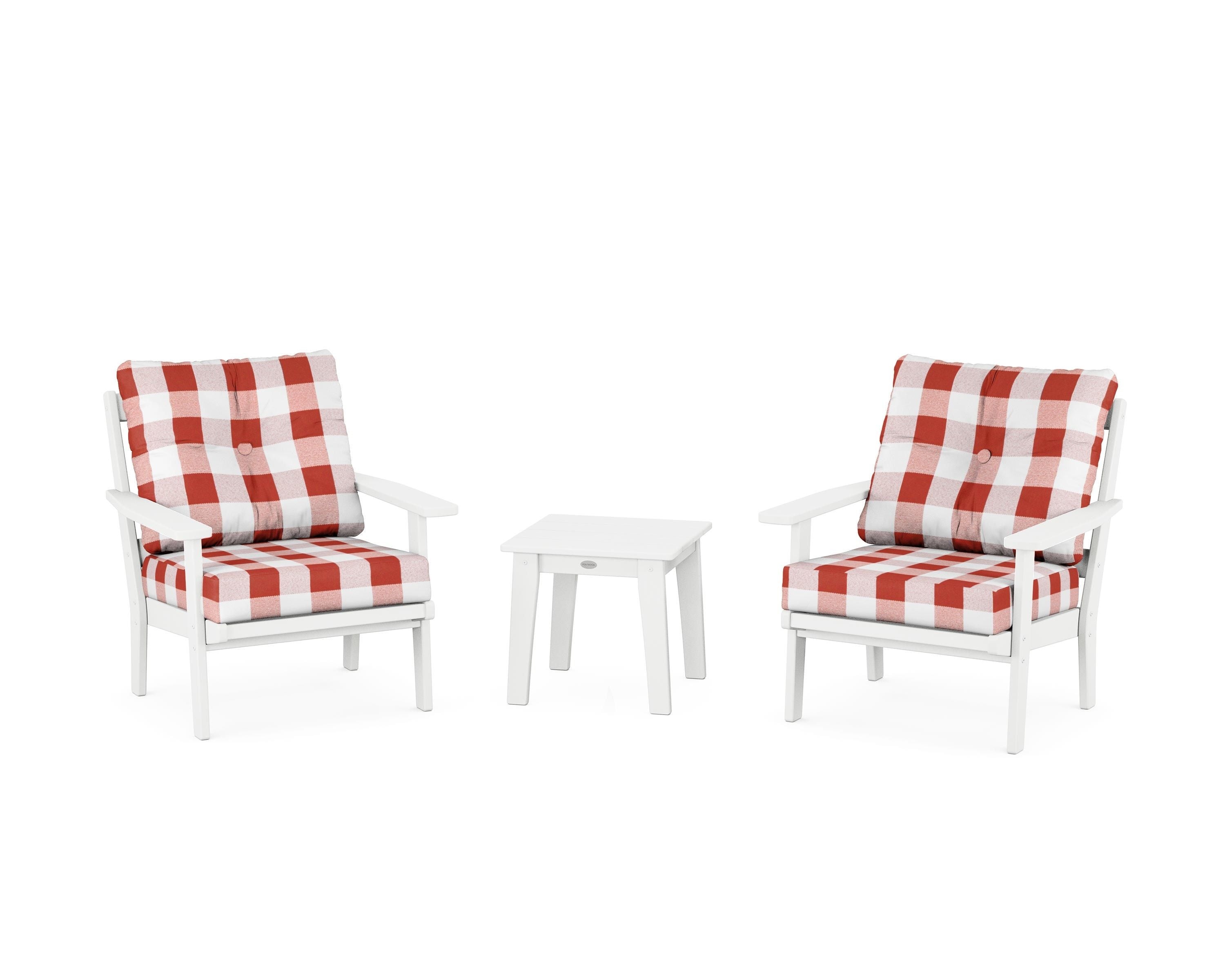 POLYWOOD® Oxford 3-Piece Deep Seating Set in White / Buffalo Plaid Crimson