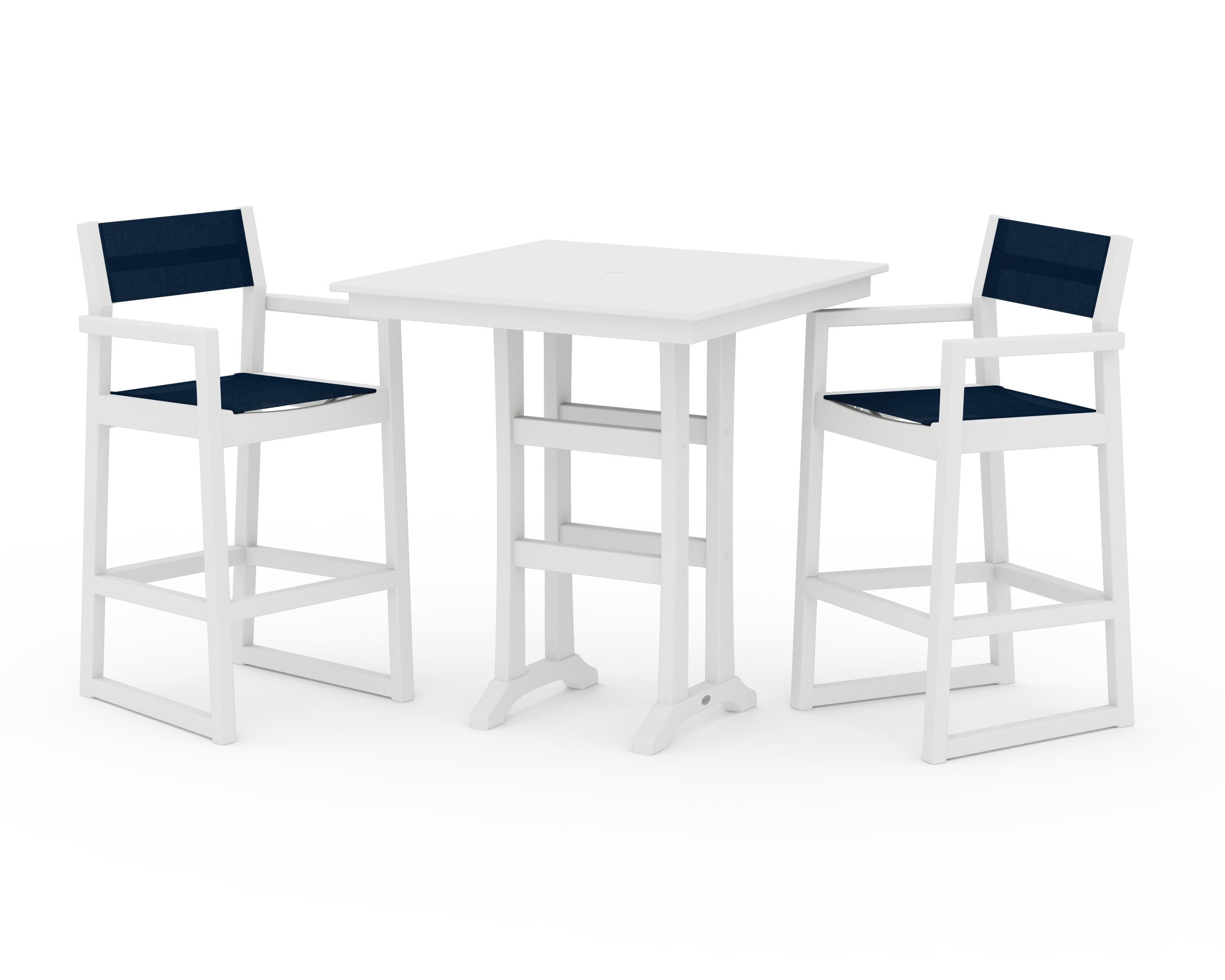 POLYWOOD® EDGE Sling Arm Chair 3-Piece Farmhouse Bar Set with Trestle Legs in White / Navy Blue Sling