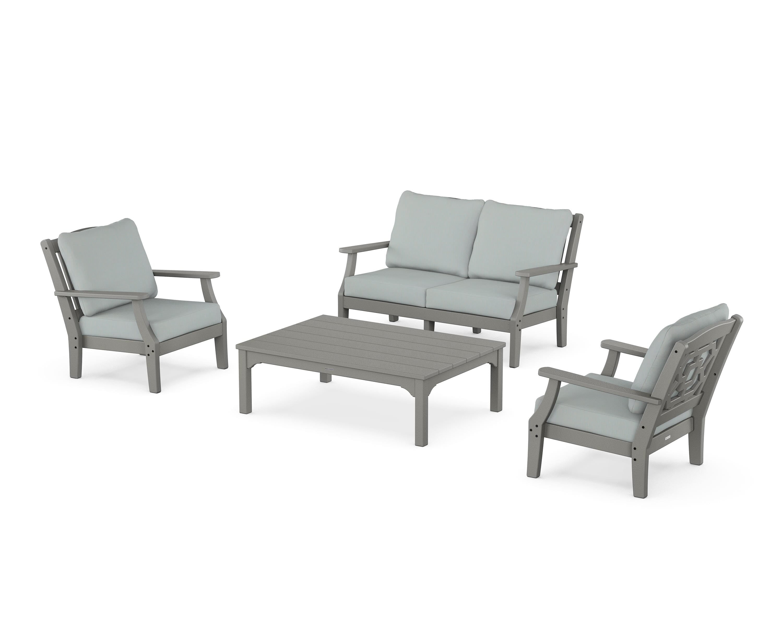 Martha Stewart by POLYWOOD® Chinoiserie 4-Piece Deep Seating Set with Loveseat in Slate Grey / Spa