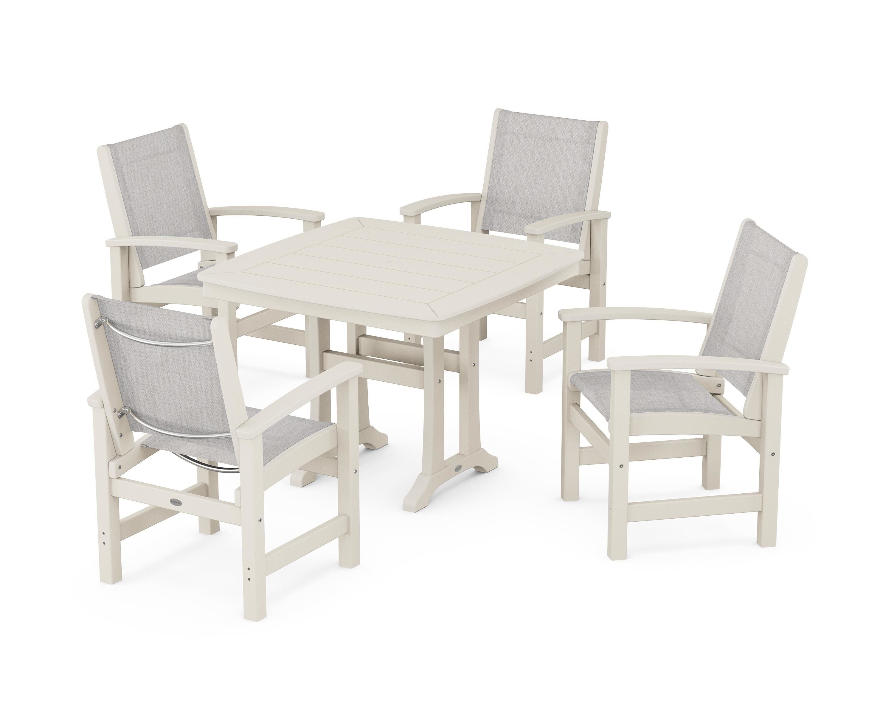 POLYWOOD® Coastal 5-Piece Dining Set with Trestle Legs in Sand / Parchment Sling