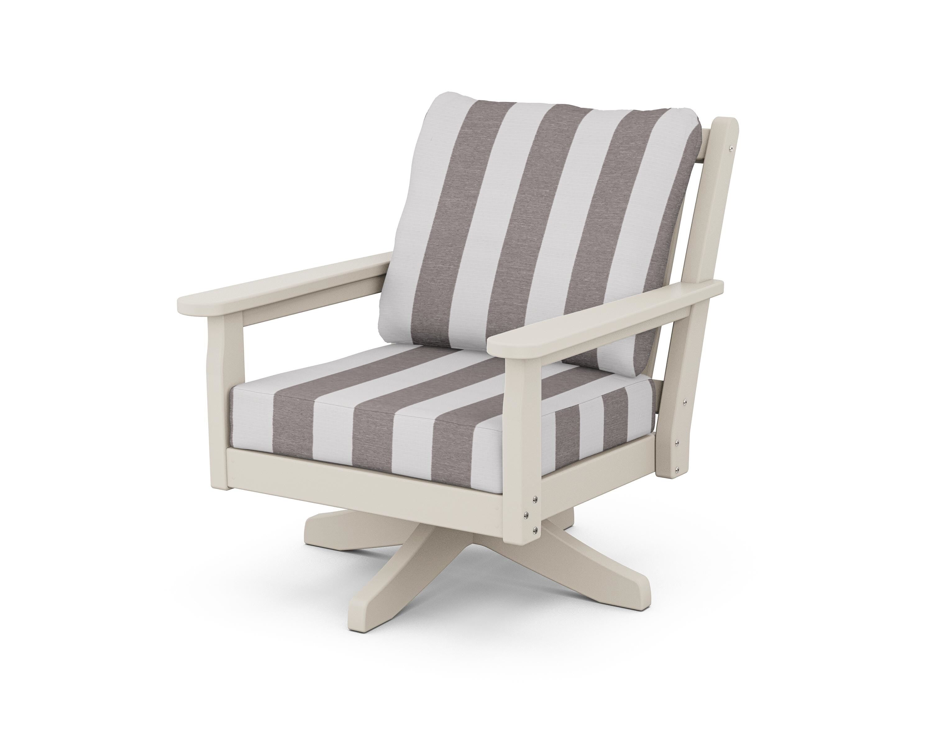 POLYWOOD® Chippendale Deep Seating Swivel Chair in Sand / Cabana Stripe Grey Mist