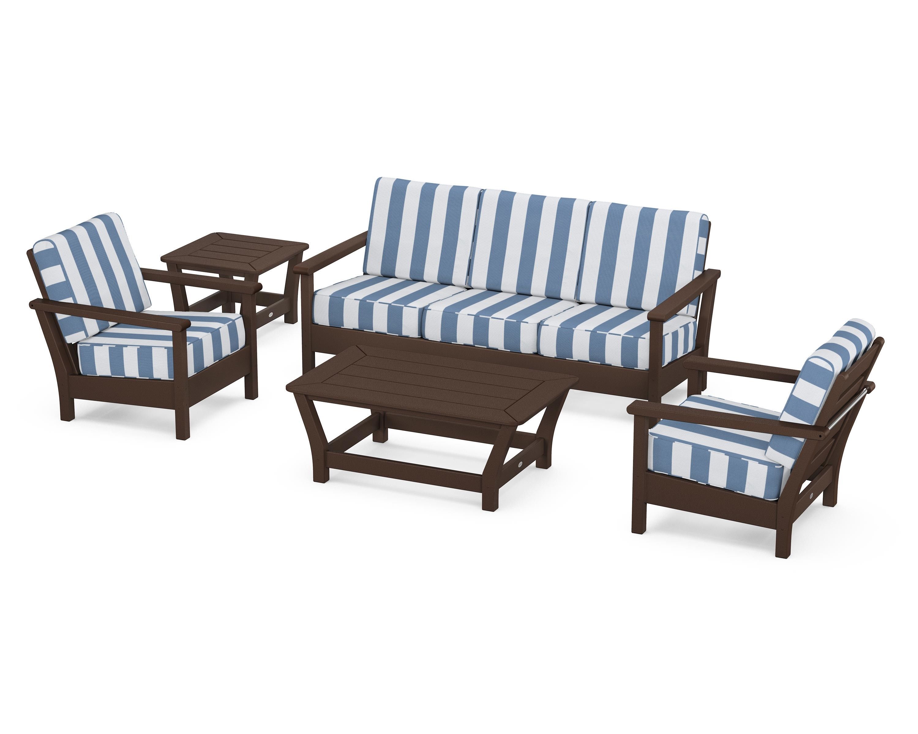POLYWOOD® Harbour 5-Piece Deep Seating Set in Mahogany / Cabana Stripe Sky Blue