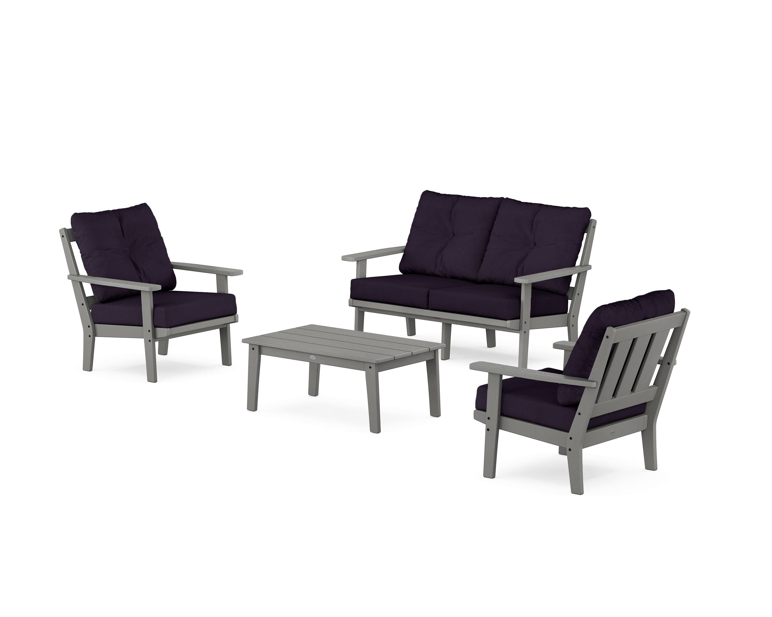 POLYWOOD® Oxford 4-Piece Deep Seating Set with Loveseat in Slate Grey / Navy Linen