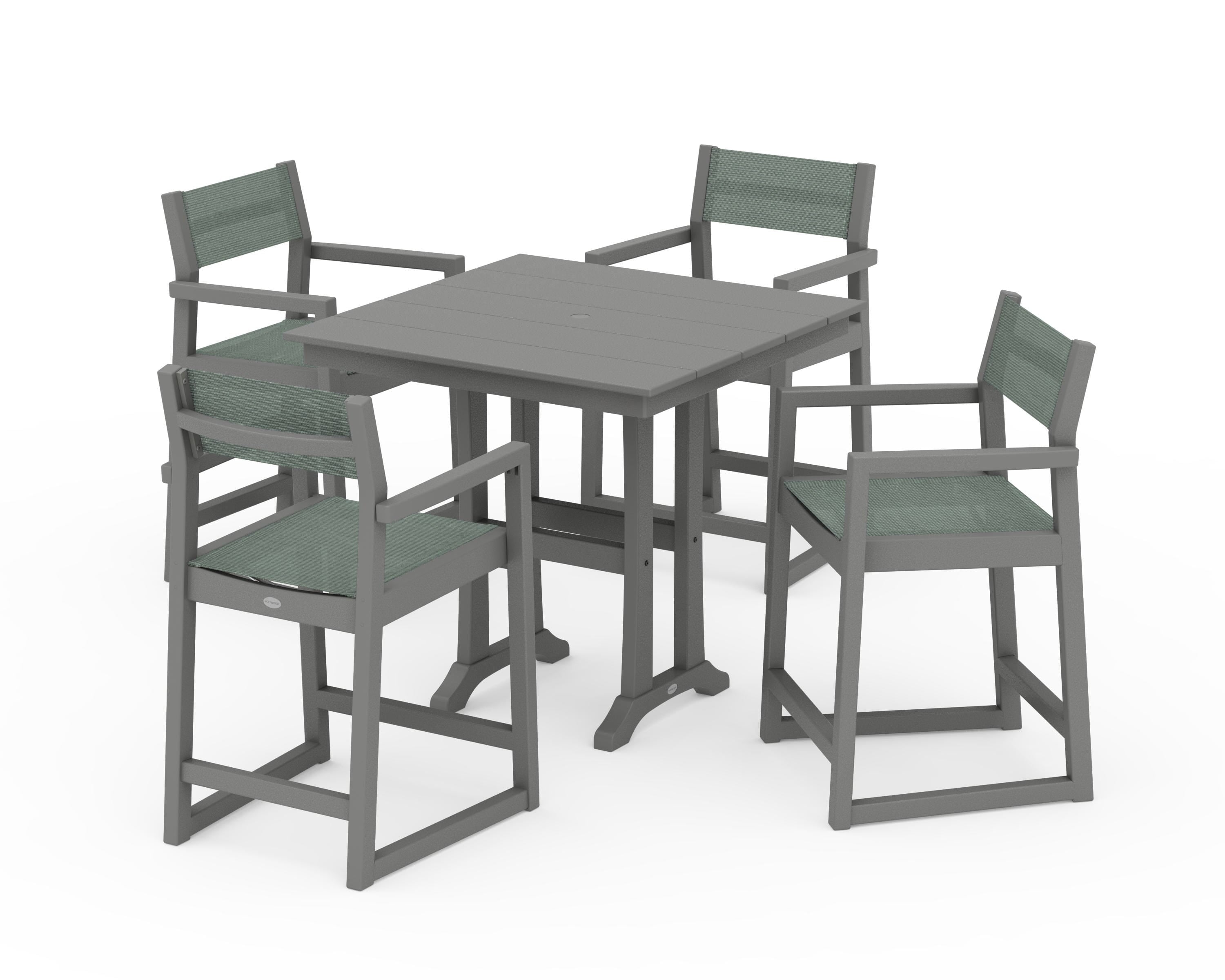 POLYWOOD® EDGE Sling Arm Chair 5-Piece Farmhouse Counter Set with Trestle Legs in Slate Grey / Dupioni Sea Mist Sling