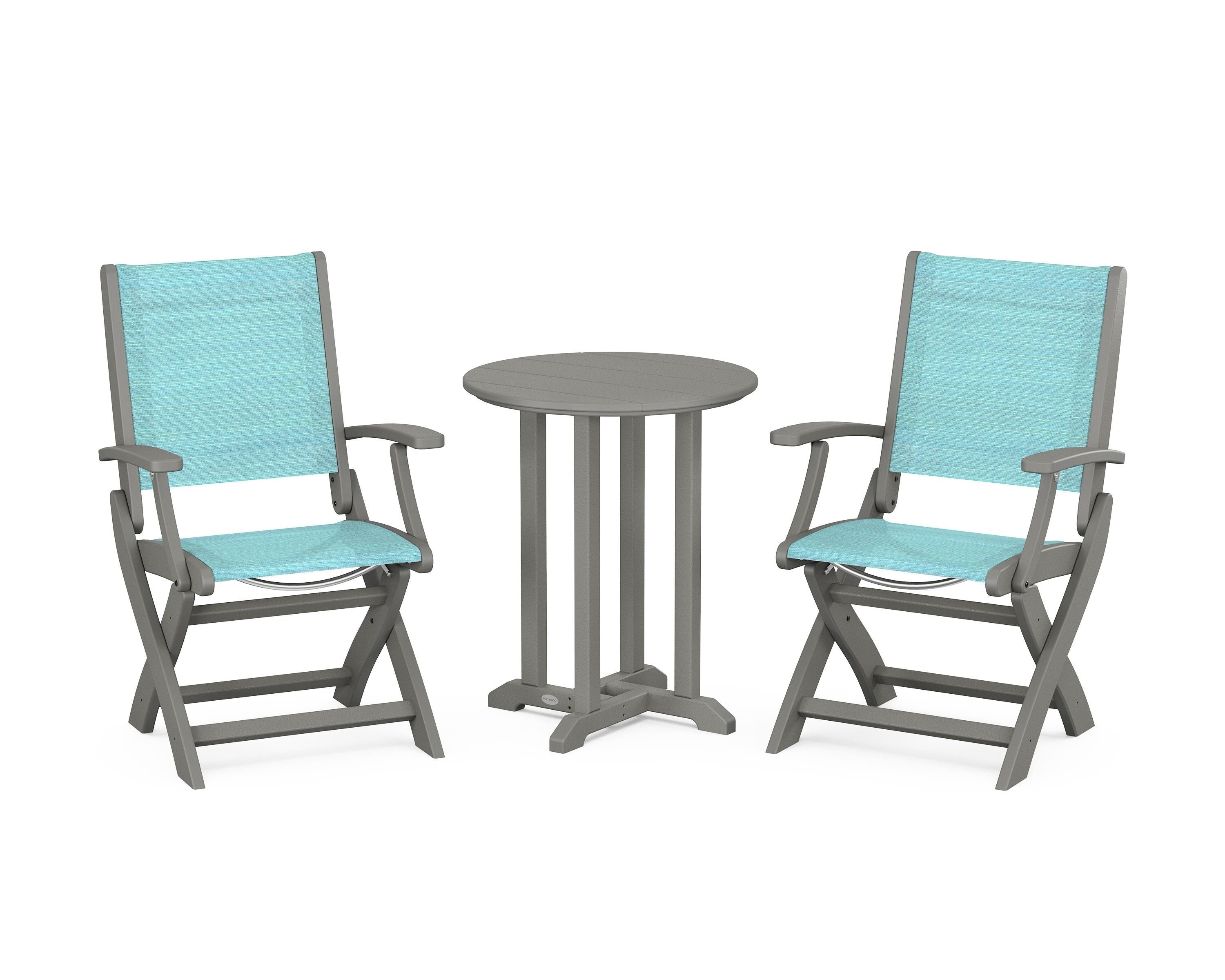 POLYWOOD® Coastal Folding 3-Piece Round Bistro Dining Set in Slate Grey / Dupioni Aquamarine Sling