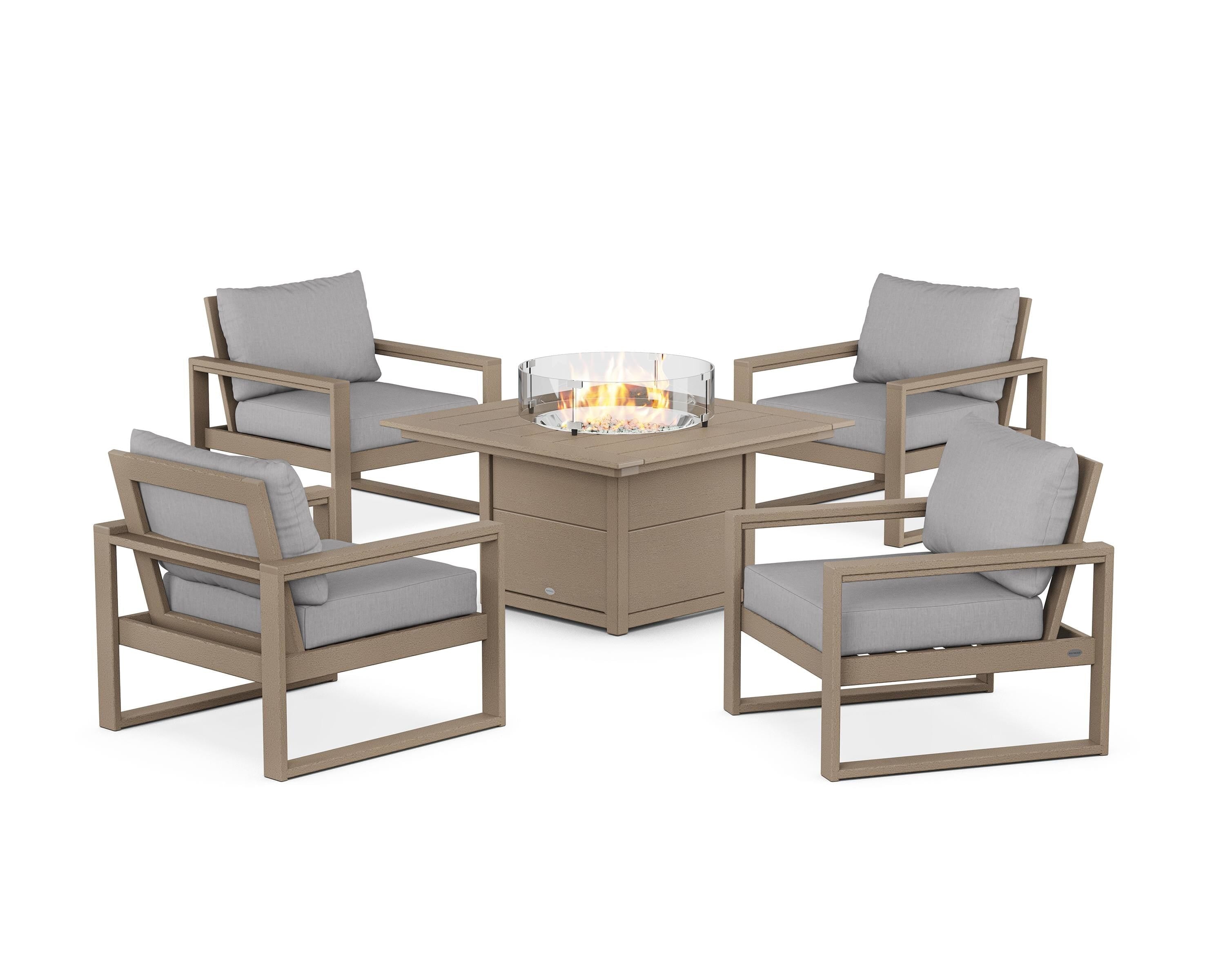 POLYWOOD® EDGE Sectional 5-Piece Deep Seating Set with Fire Pit Table in Vintage Sahara / Granite