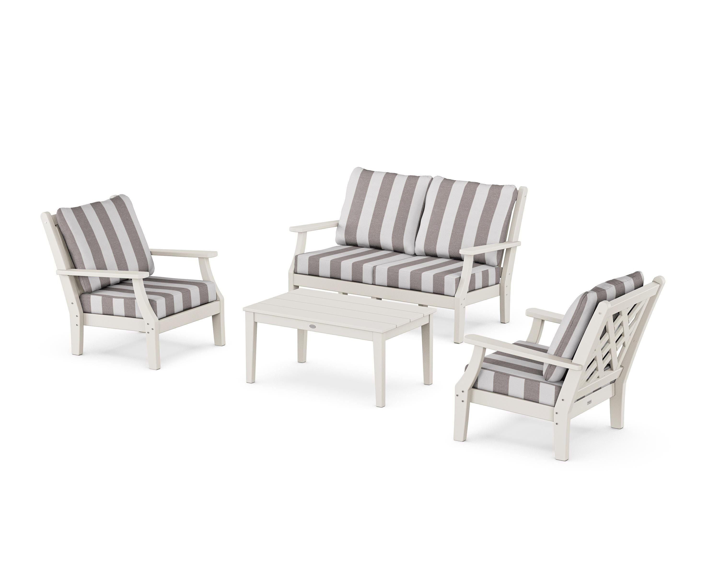 Country Living Wovendale 4-Piece Deep Seating Set with Loveseat in Sand / Cabana Stripe Grey Mist