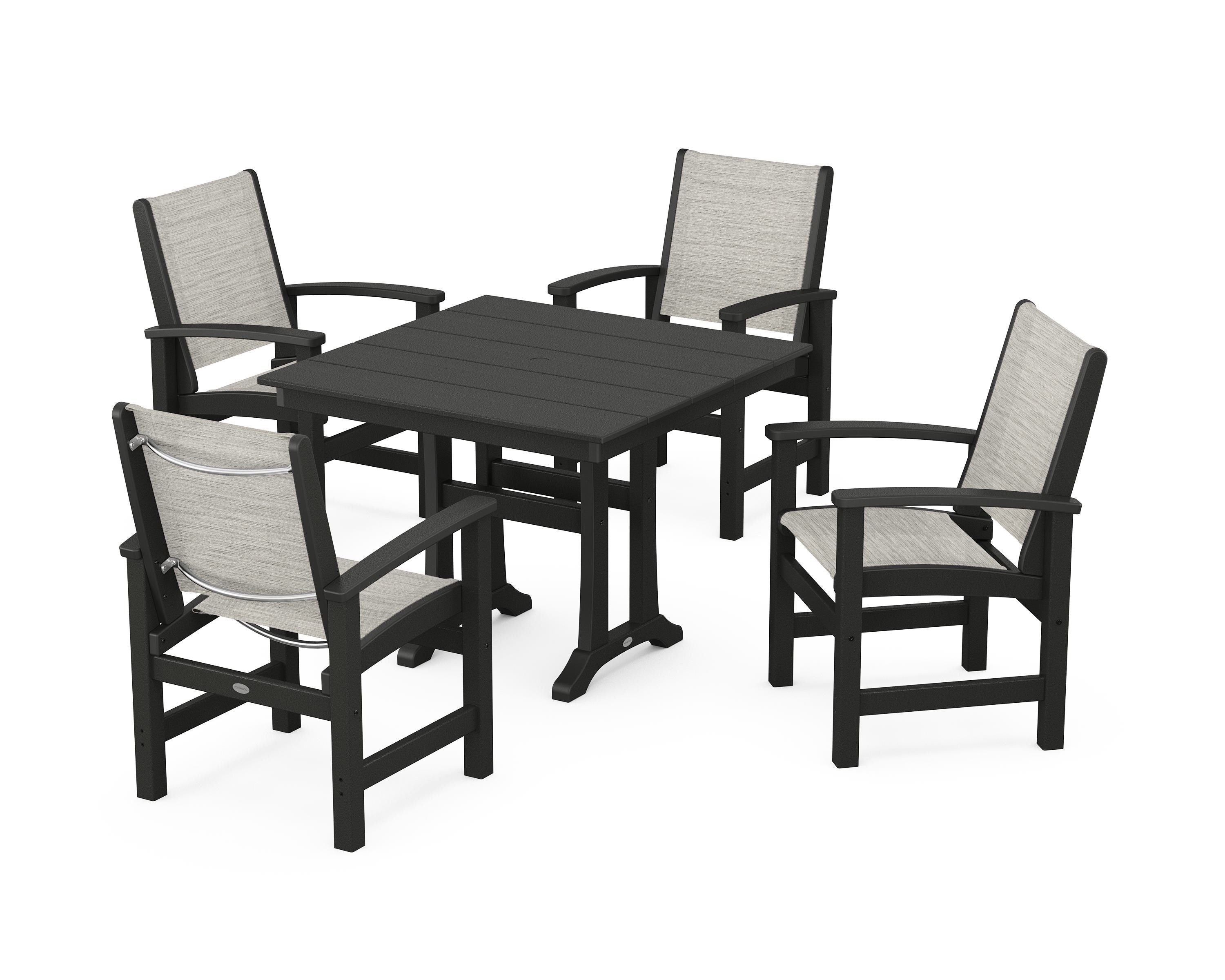 POLYWOOD® Coastal 5-Piece Farmhouse Dining Set With Trestle Legs in Black / Birch Sling