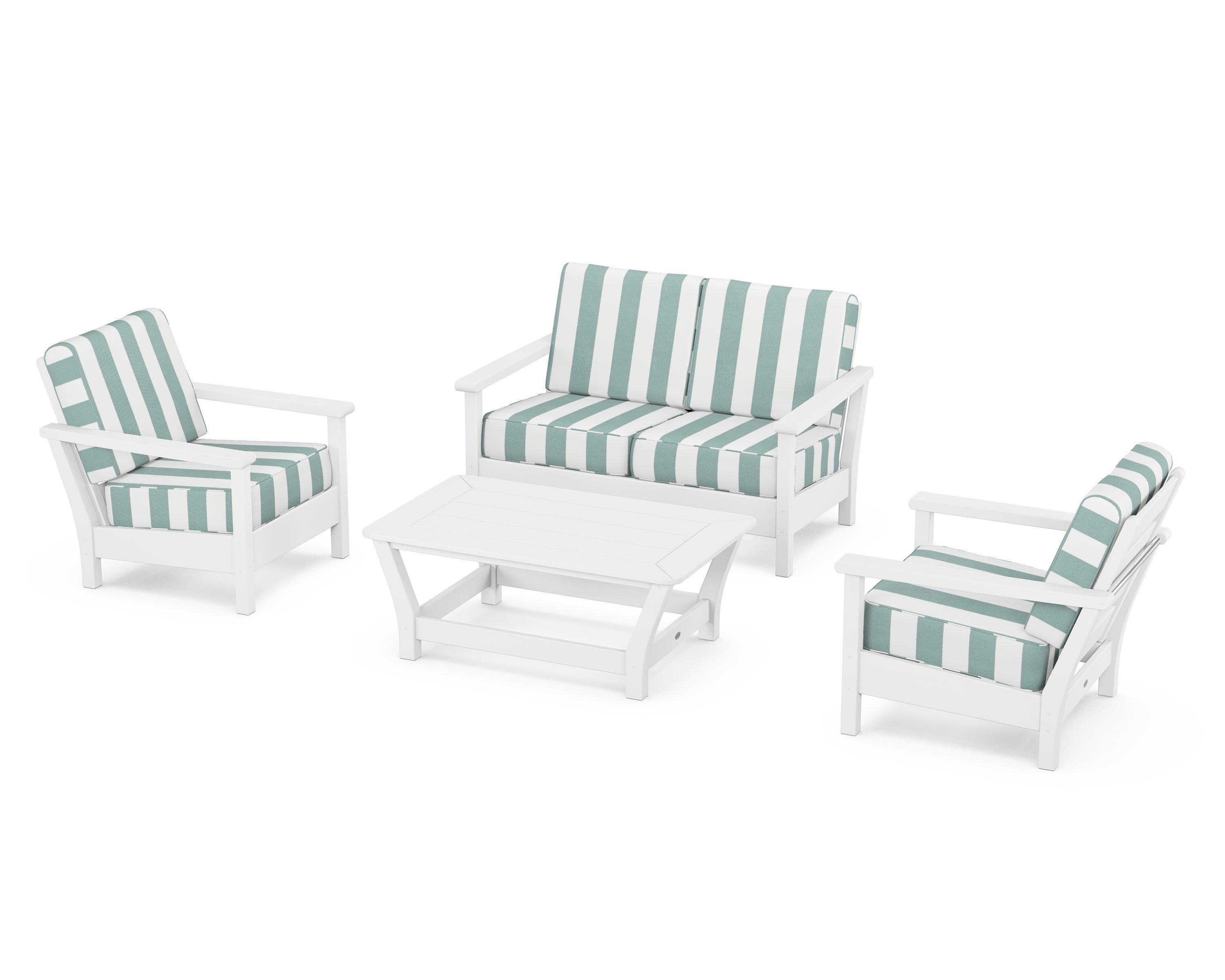 POLYWOOD® Harbour 4-Piece Deep Seating Set in White / Cabana Stripe Glacier Spa