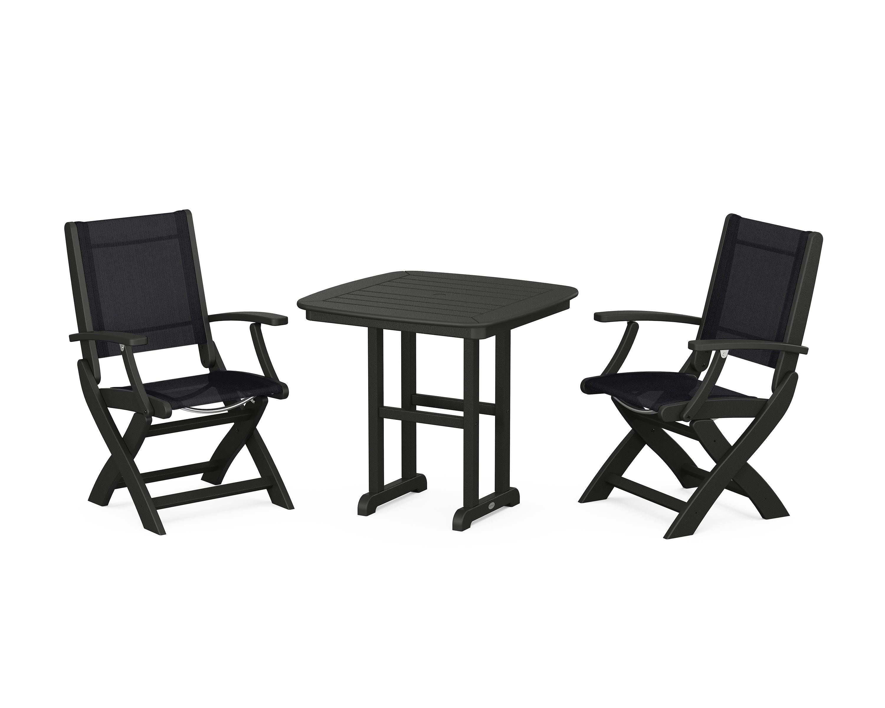 POLYWOOD® Coastal Folding Chair 3-Piece Dining Set in Black / Black Sling