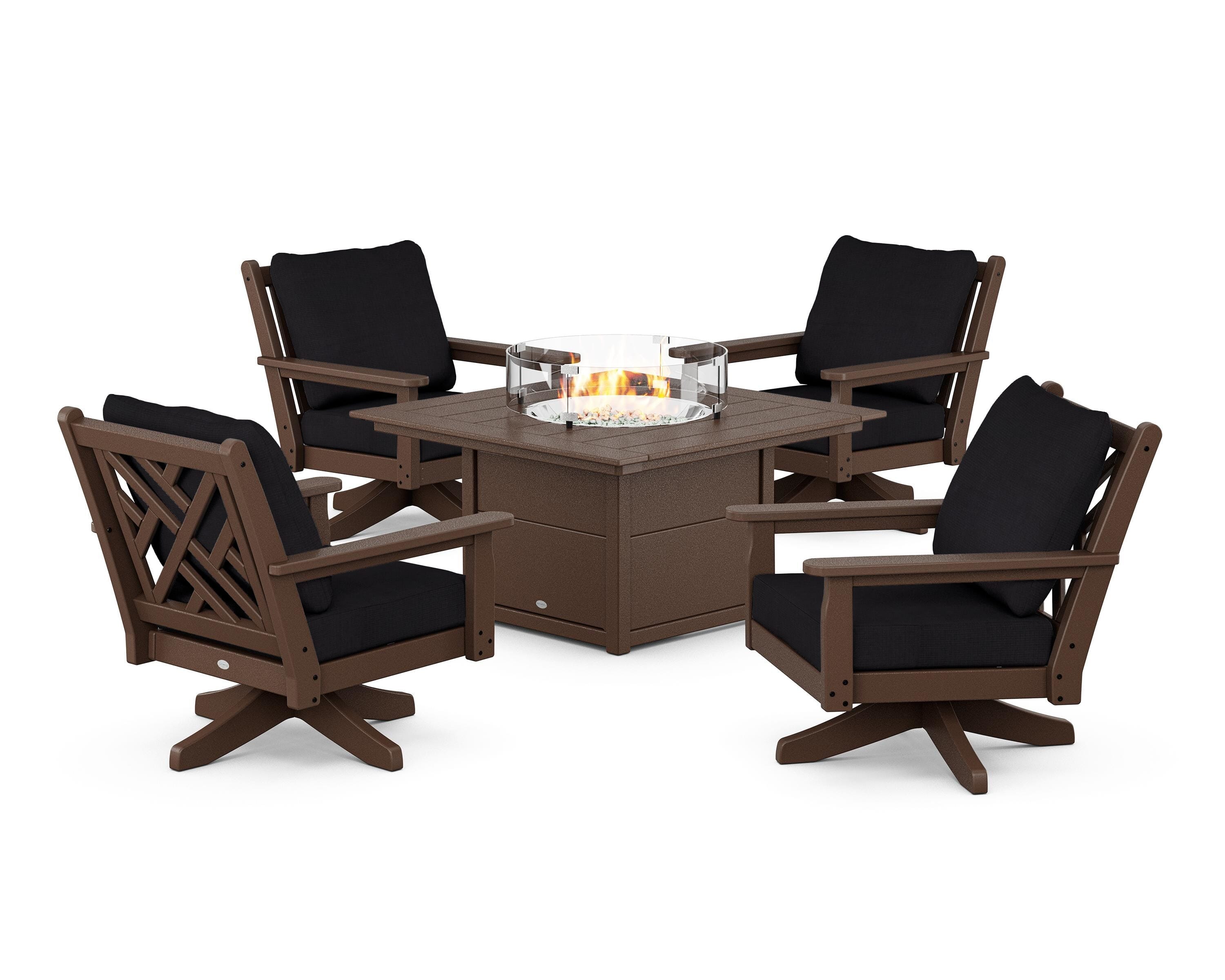 POLYWOOD® Chippendale 5-Piece Deep Seating Swivel Conversation Set with Fire Pit Table in Mahogany / Midnight Linen
