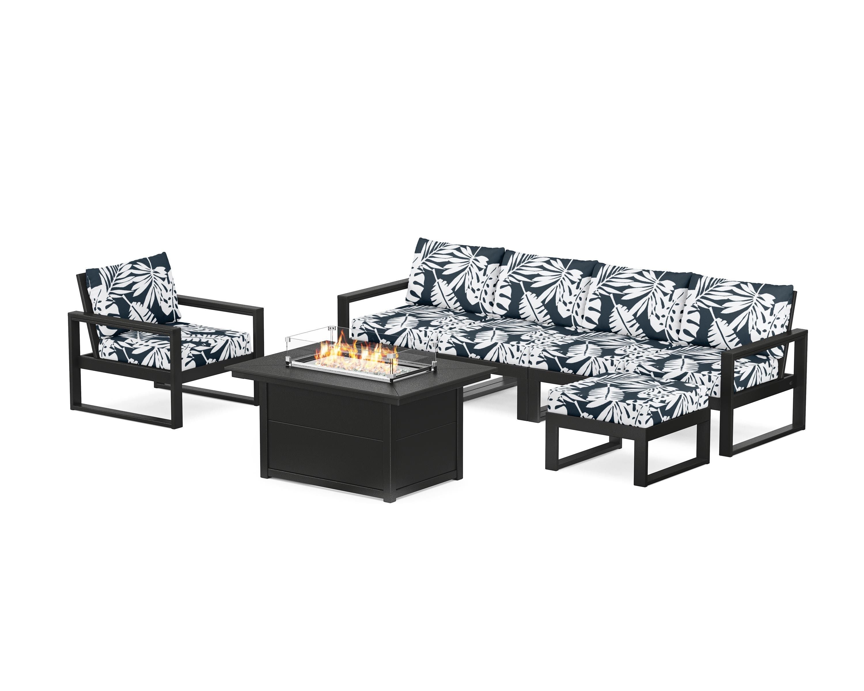POLYWOOD® EDGE Sectional Lounge and Fire Pit Set in Black / Leaf Marine Indigo