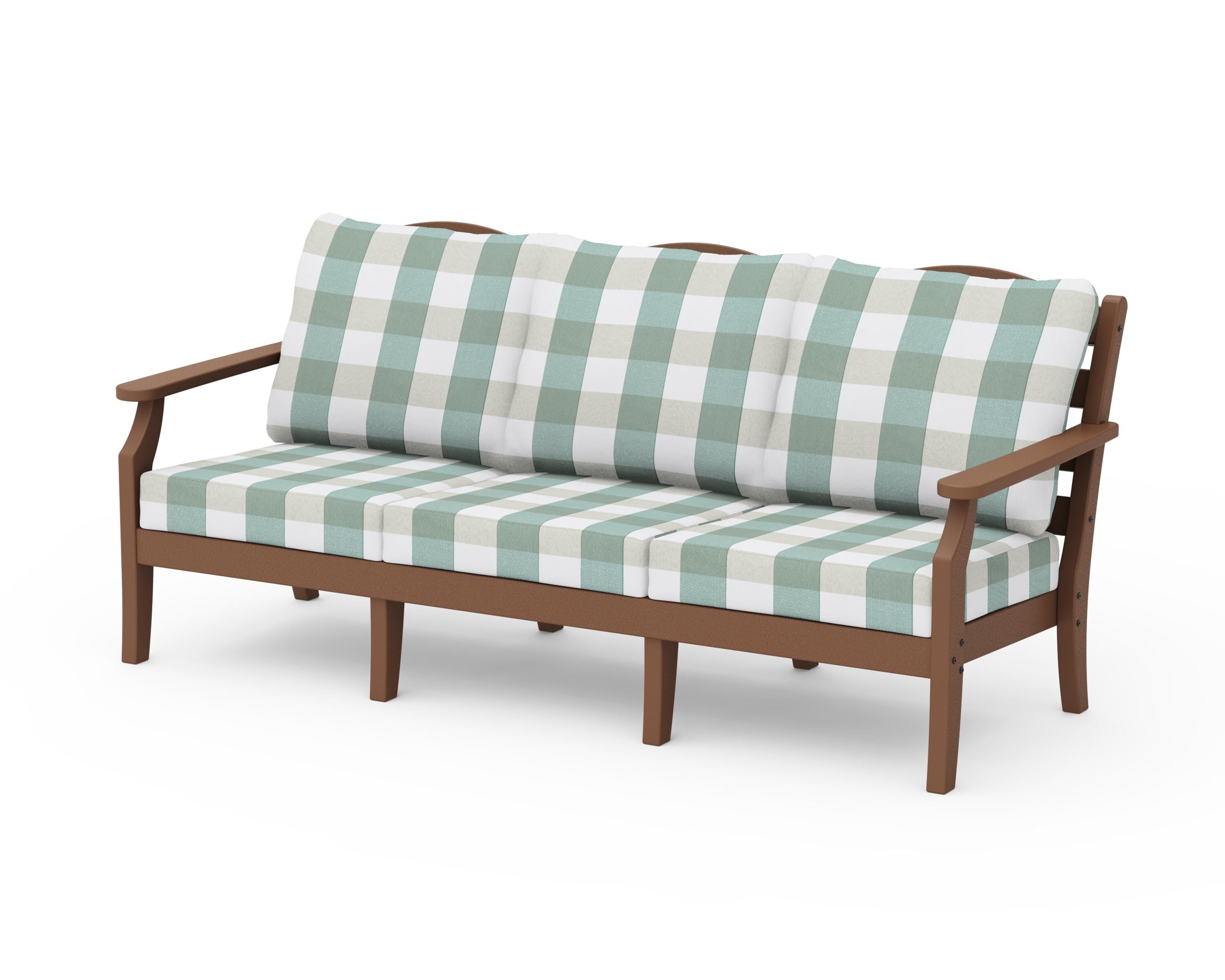 Draper James™ by POLYWOOD® Savannah Deep Seating Sofa in Teak / Buffalo Plaid Glacier Spa