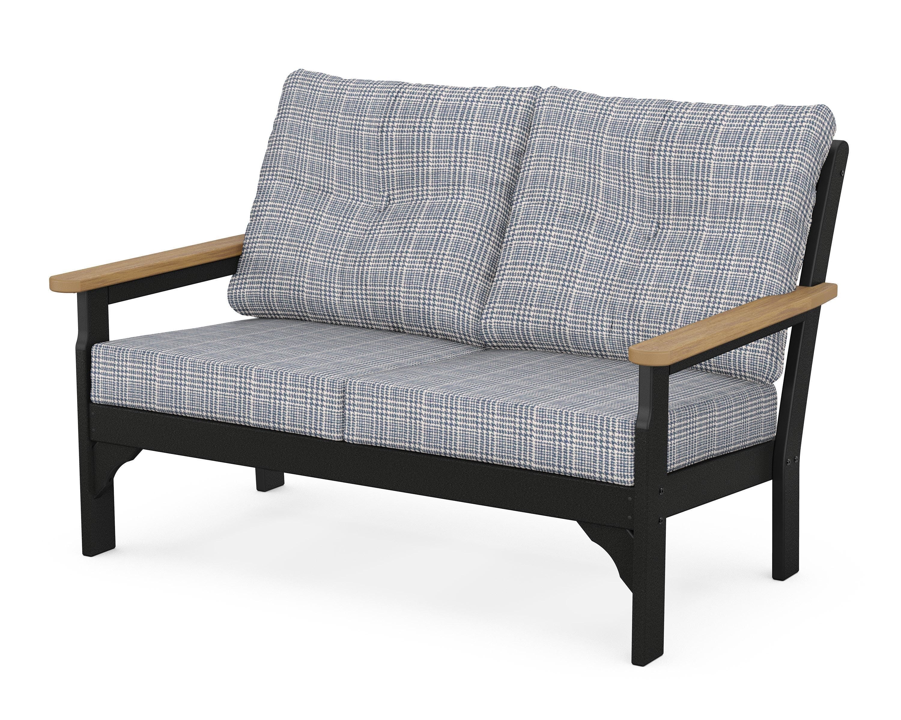 POLYWOOD® Vineyard Deep Seating Loveseat in Black / Natural / Houndstooth Sky Blue