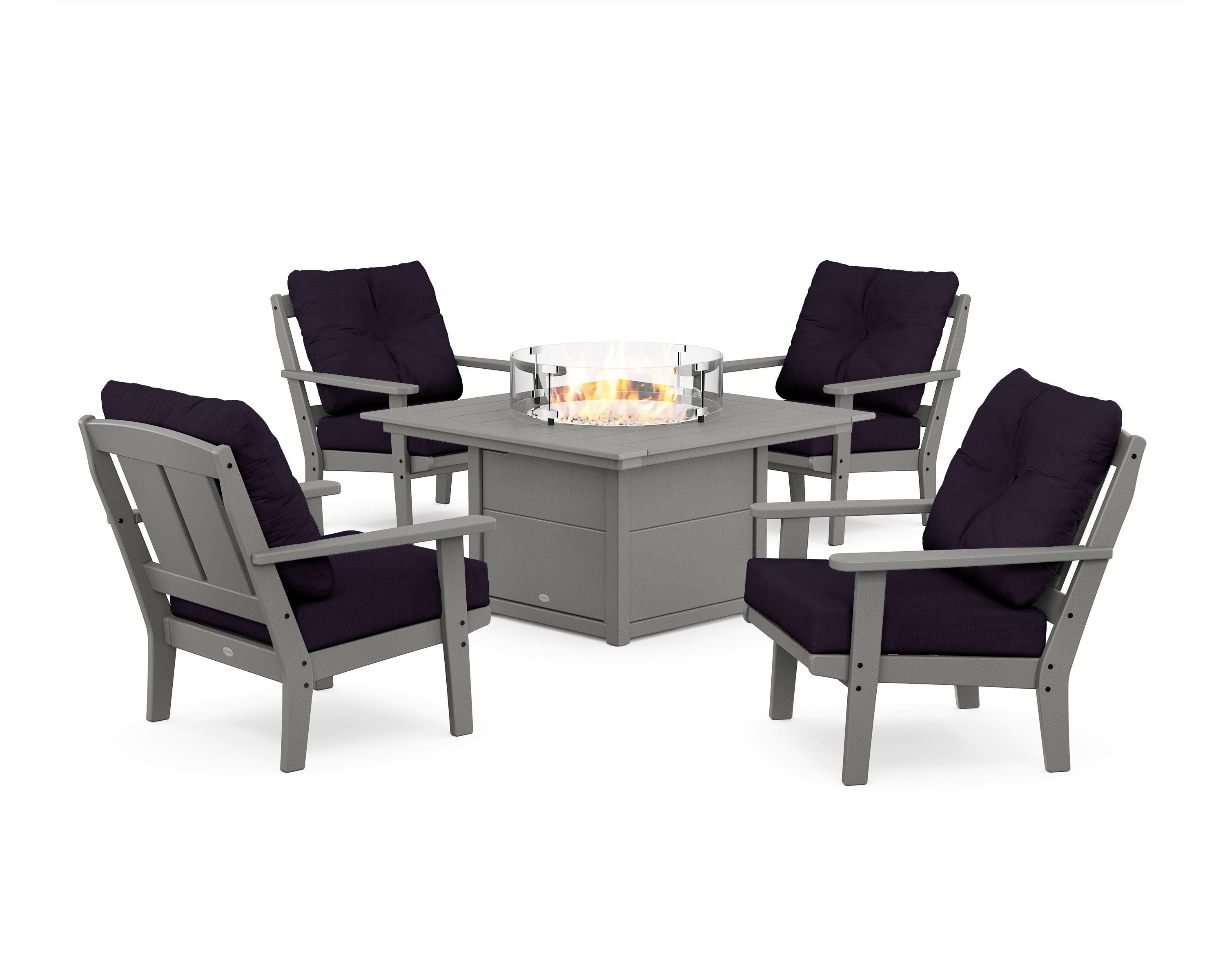 POLYWOOD® Mission 5-Piece Deep Seating Set with Fire Pit Table in Slate Grey / Navy Linen