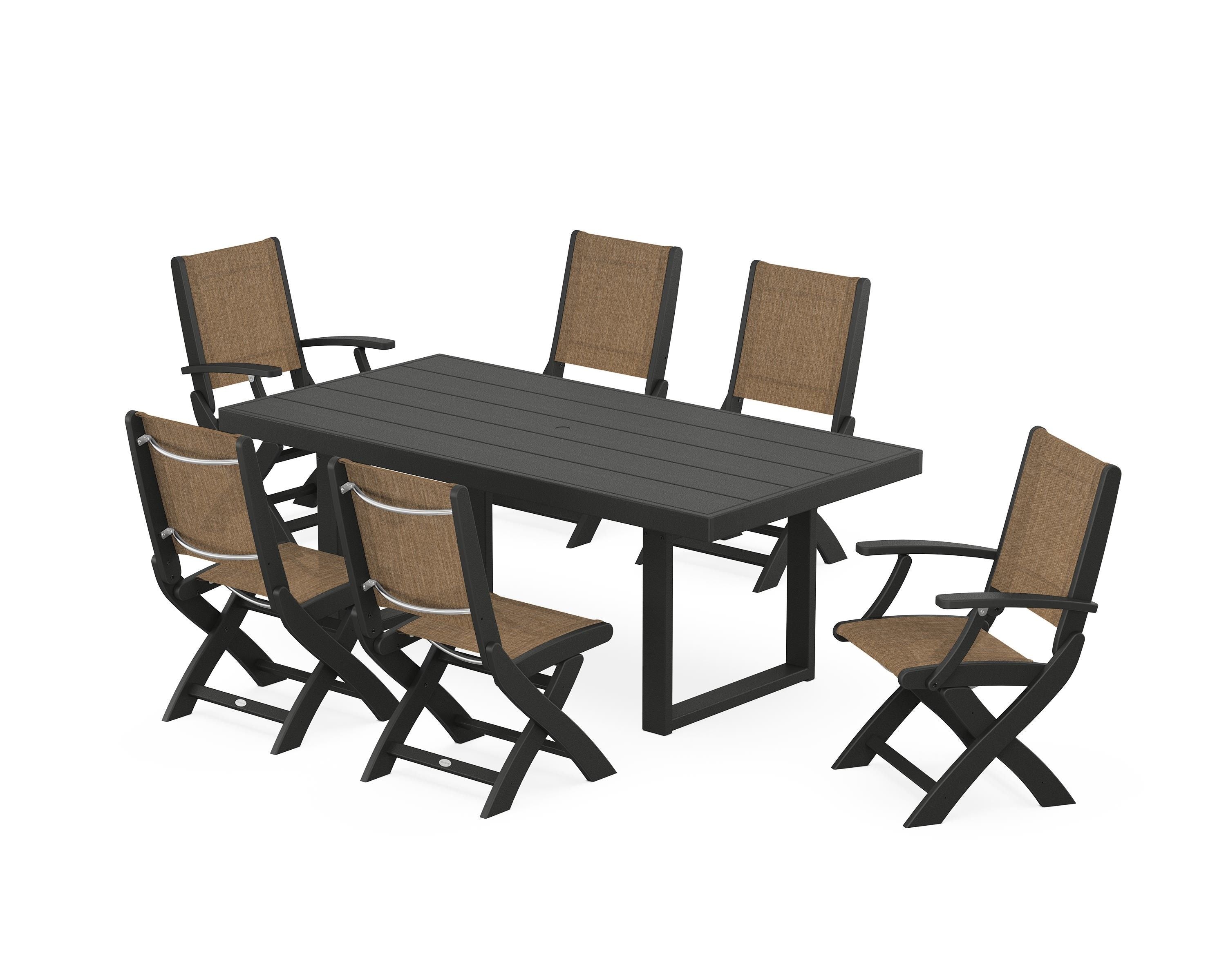 POLYWOOD® Coastal Folding Chair 7-Piece Dining Set with Trestle Legs in Black / Burlap Sling
