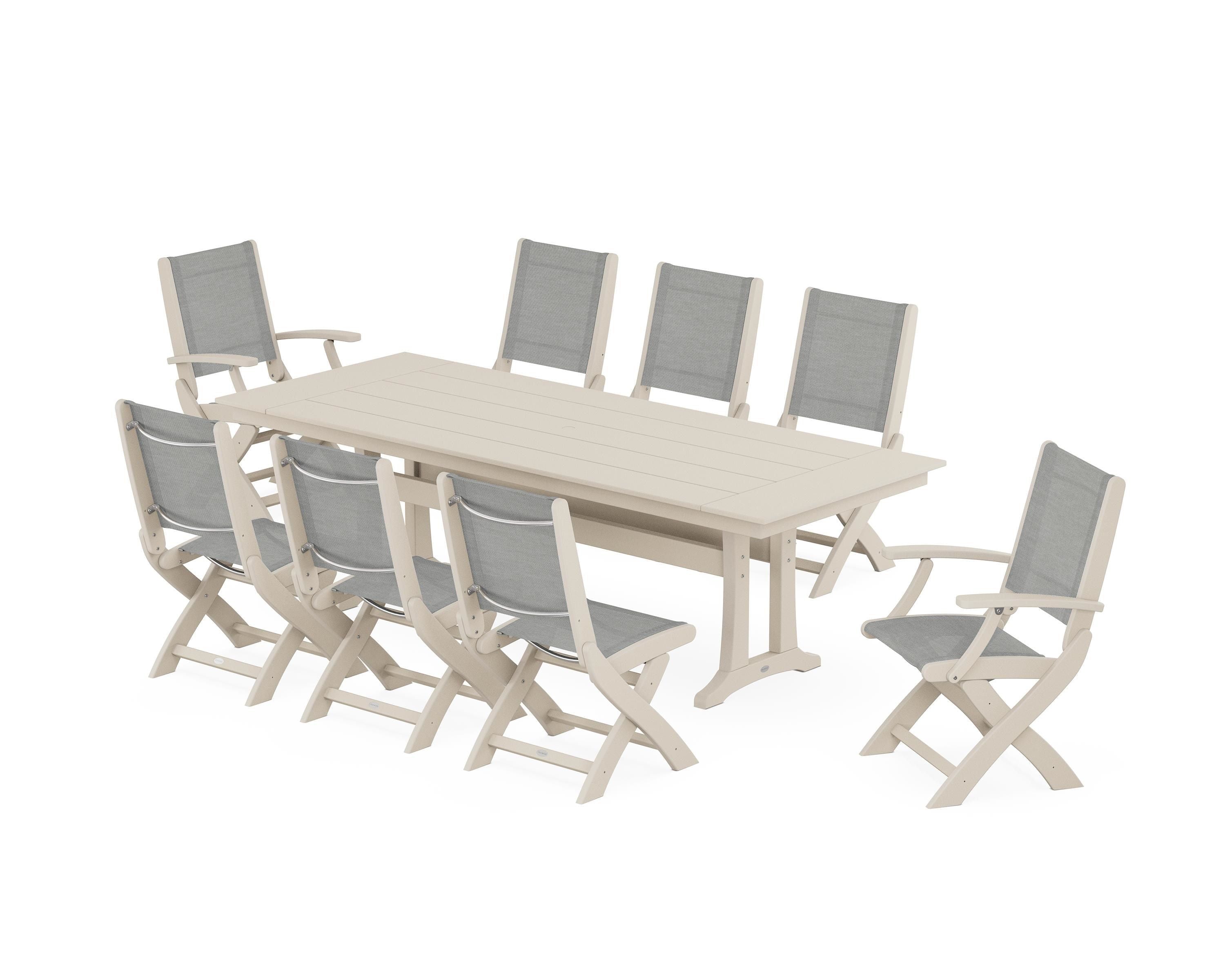 POLYWOOD® Coastal 9-Piece Folding Dining Chair Farmhouse Dining Set with Trestle Legs in Sand / Metallic Sling
