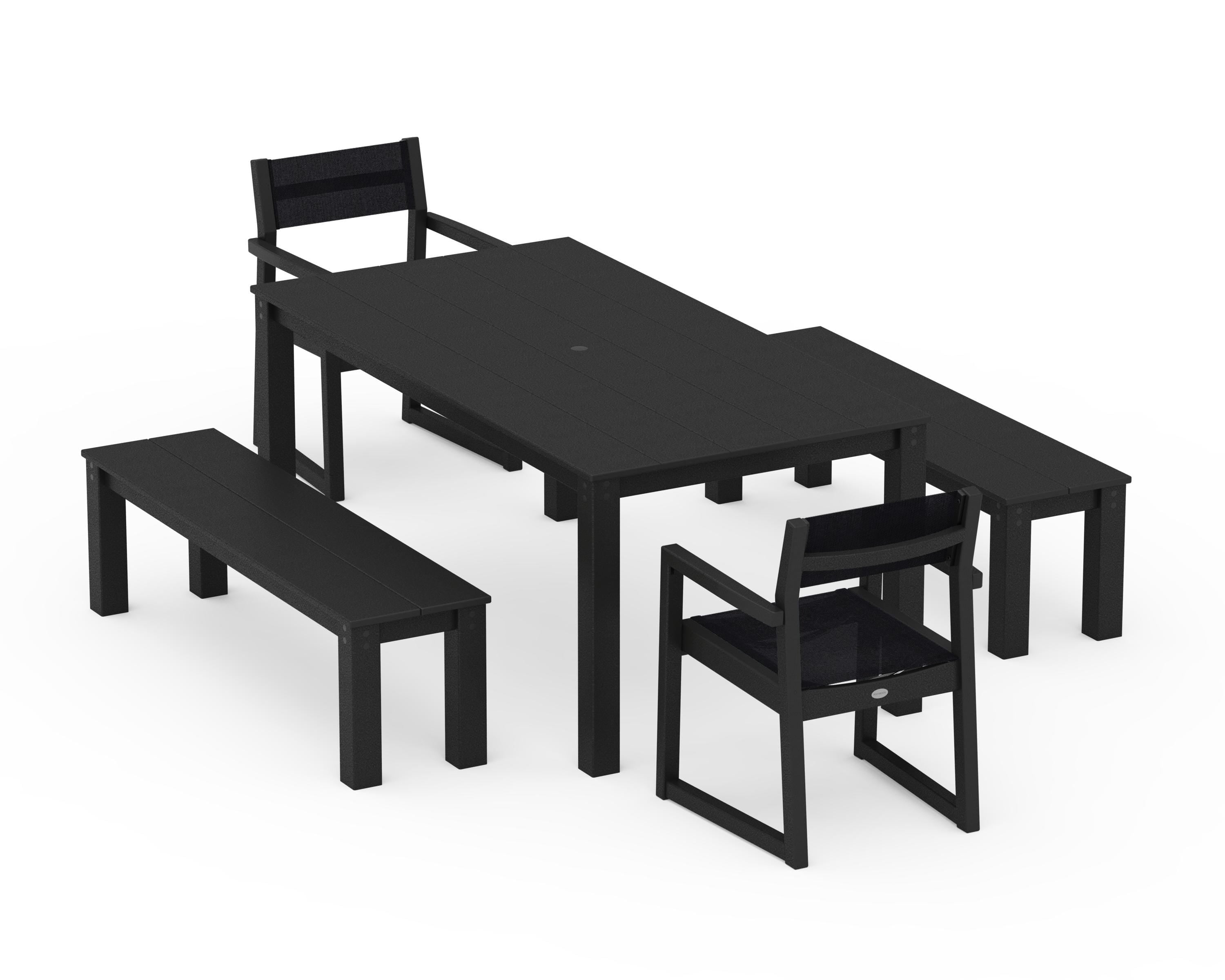 POLYWOOD® EDGE Sling Arm Chair 5-Piece Parsons Dining Set with Benches in Black / Black Sling